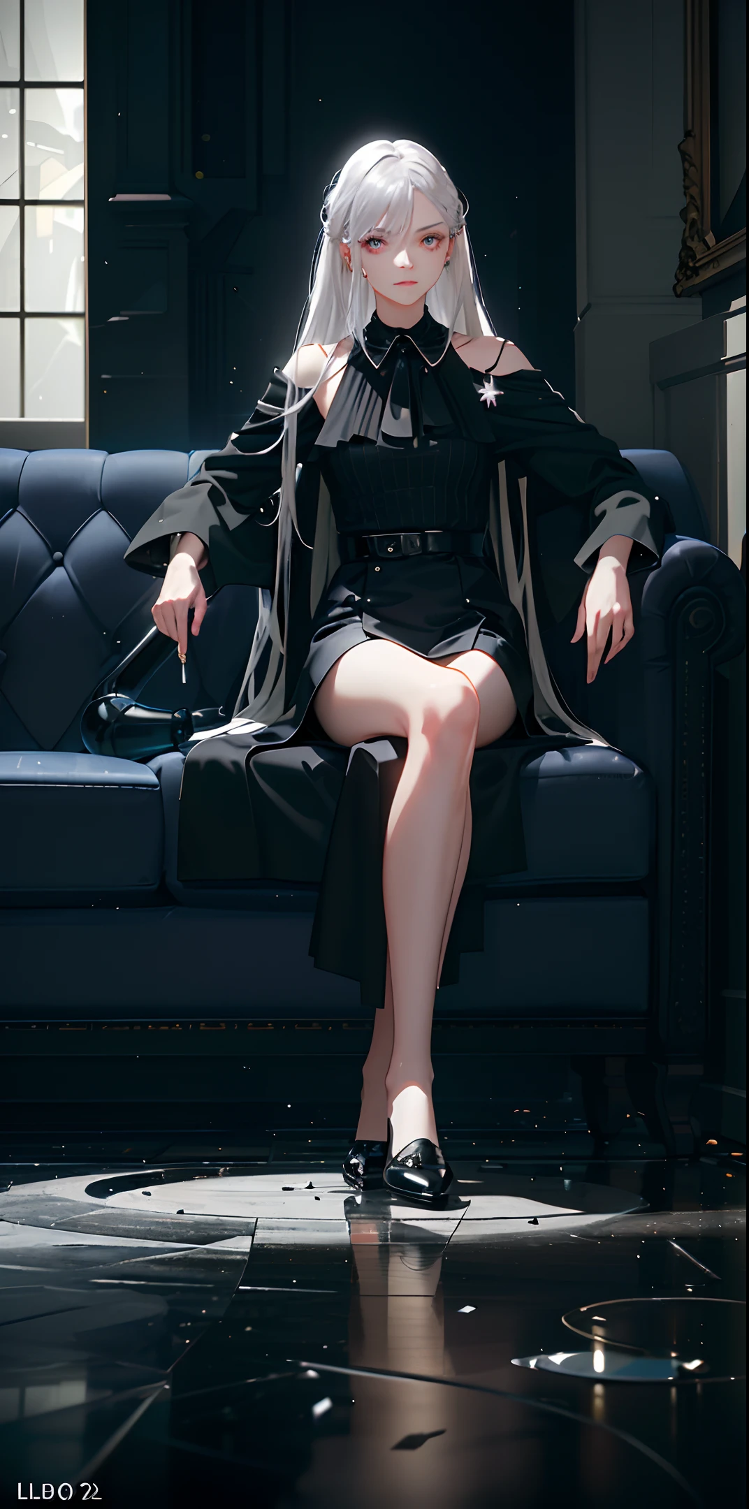 (photorealistic:1.4), (masterpiece, sidelighting, finely detailed beautiful eyes: 1.2), masterpiece*portrait, realistic, 3d face, glowing eyes, shiny silver hair, spiky hairstyle, messy hair, red eyes, novelty, white shirt with black tie, gray best with ornament, lustrous skin, solo,
vampire, blood on glass, blood splatter, swirling black light around the character, depth of field,black light particles,(broken glass), sitting on floor beside a sofa,