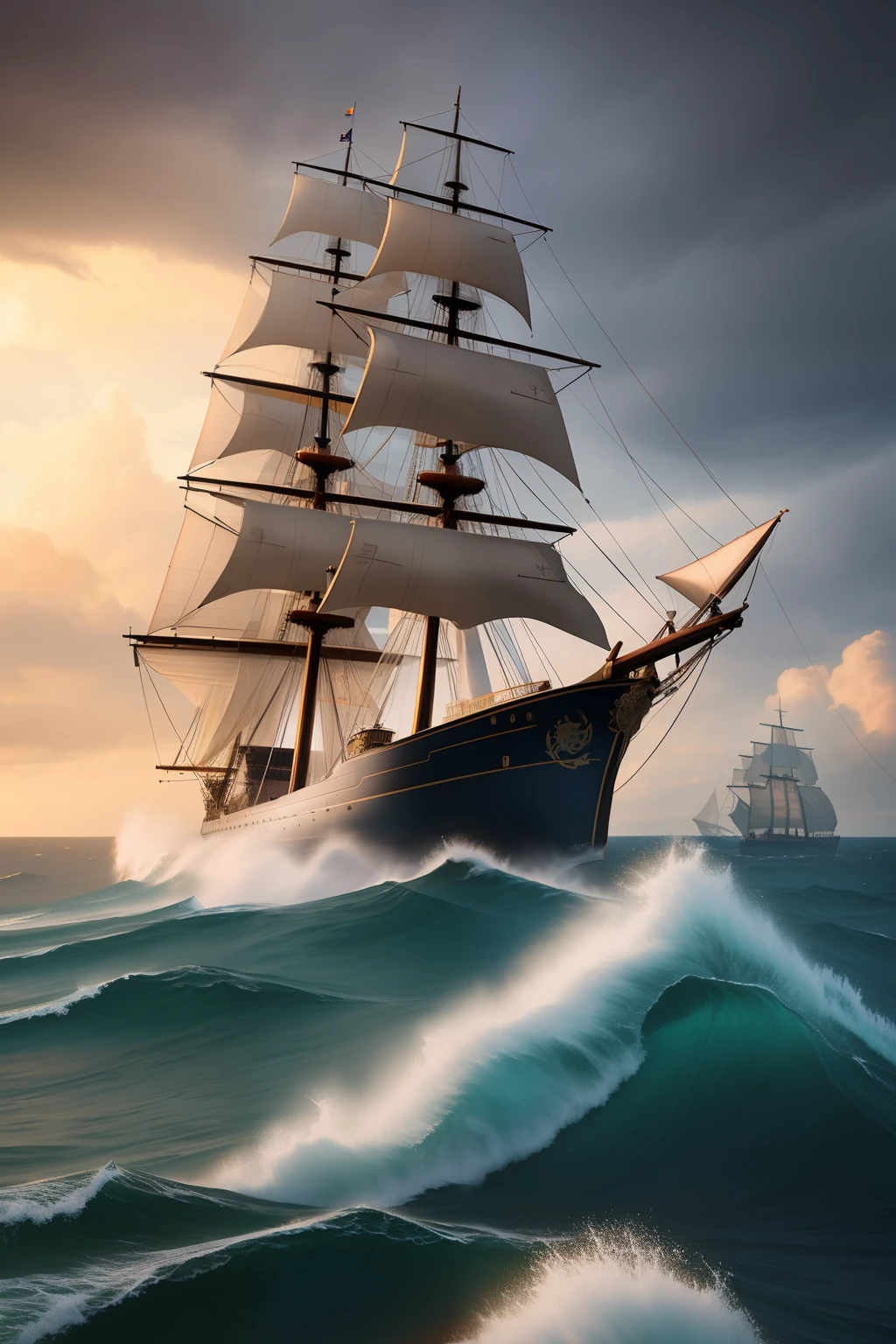 large three-masted ship flying a pirate flag, sailing up, front view, storm, foam on the waves, sky from orange to dark blue, clouds, cinematography, realism, realistic, clear focus, emitting diodes, smoke, artillery, sparks, racks, system unit, motherboard, author: pascal blanche rutkowski repin, hyperrealism, art station, detailed character design concept art, matte painting, 4 k resolution
