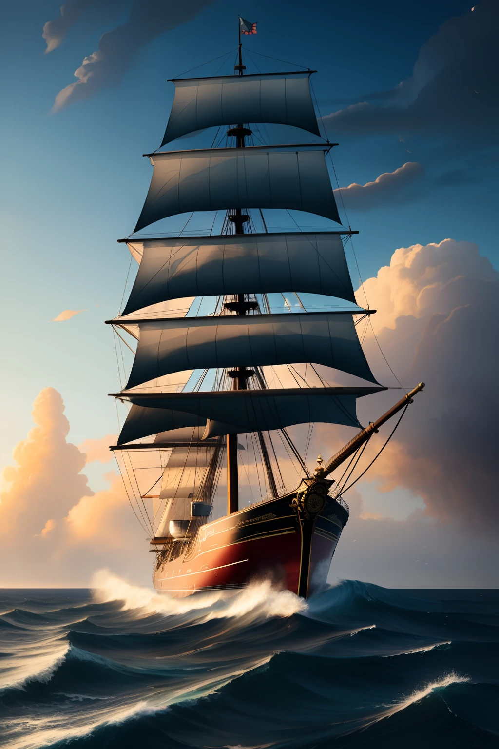 large three-masted ship flying a pirate flag, sailing up, front view, storm, foam on the waves, sky from orange to dark blue, clouds, cinematography, realism, realistic, clear focus, emitting diodes, smoke, artillery, sparks, racks, system unit, motherboard, author: pascal blanche rutkowski repin, hyperrealism, art station, detailed character design concept art, matte painting, 4 k resolution