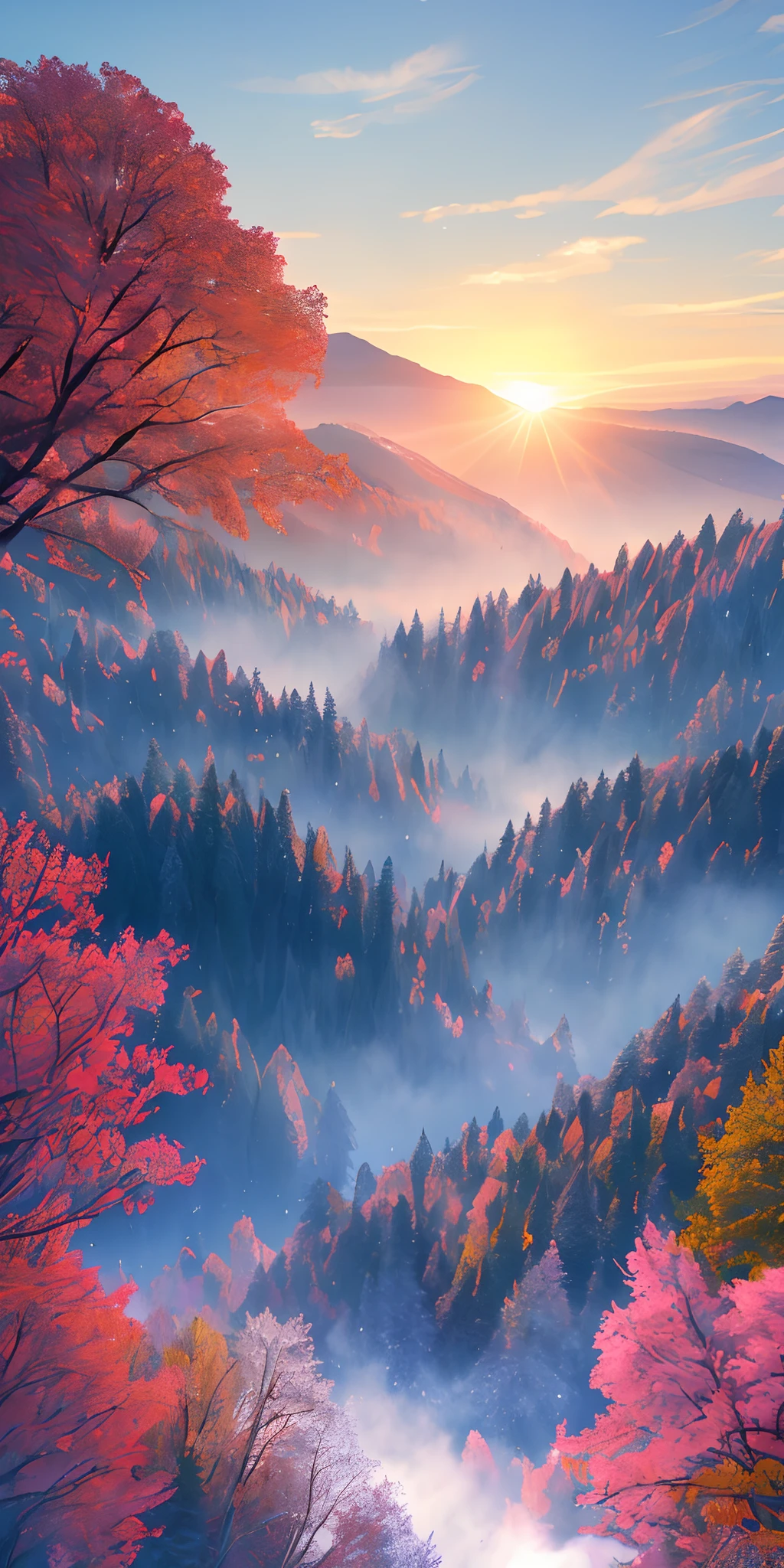 masterpiece, best quality, high quality, extremely detailed CG Unity 8k wallpapers, beautiful scenery, oil painting, award-winning photography, bokeh, depth of field, HDR, bloom, chromatic aberration, photorealistic, extremely detailed, artstation trends, trends on CGSociety, Intricate, highly detailed, dramatic, midway art And masterpiece, the best quality, high quality, extremely detailed CG unity 8k wallpapers. A lush summer landscape with rolling green hills that stretch to the horizon, dotted with wildflowers in shades of pink, yellow, and purple, voluminous lighting And a masterpiece, the best quality, high quality, extremely detailed CG unity 8k wallpapers A serene autumn landscape surrounded by trees in shades of golden yellow, fiery red and scorched orange. The fresh air carries the sweet scent of fallen leaves and wood smoke. The ground is covered in a blanket of warm leaves that rustle under your feet. A misty mountain range rises in the distance, surround lighting And a masterpiece, the best quality, high quality, extremely detailed CG unity 8k wallpapers A breathtaking winter landscape covered by a snowy cloak, creating a world of sparkling white and cool blue tones. Tall evergreens stand tall and proudly, their branches are burdened with heavy snow, voluminous lighting And a masterpiece, the best quality, high quality, extremely detailed CG unity 8k wallpapers A vivid spring landscape bursting with new life and color. The hills are covered with a green carpet dotted with delicate wildflowers in shades of pink, purple and yellow, and voluminous lighting