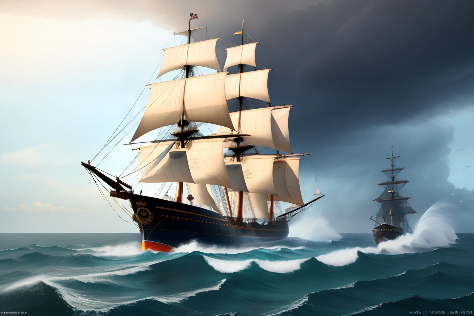 large three-masted ship flying a pirate flag, sailing up, front view, storm, foam on the waves, sky from orange to dark blue, clouds, cinematography, realism, realistic, clear focus, emitting diodes, smoke, artillery, sparks, racks, system unit, motherboard, author: pascal blanche rutkowski repin, hyperrealism, art station, detailed character design concept art, matte painting, 4 k resolution