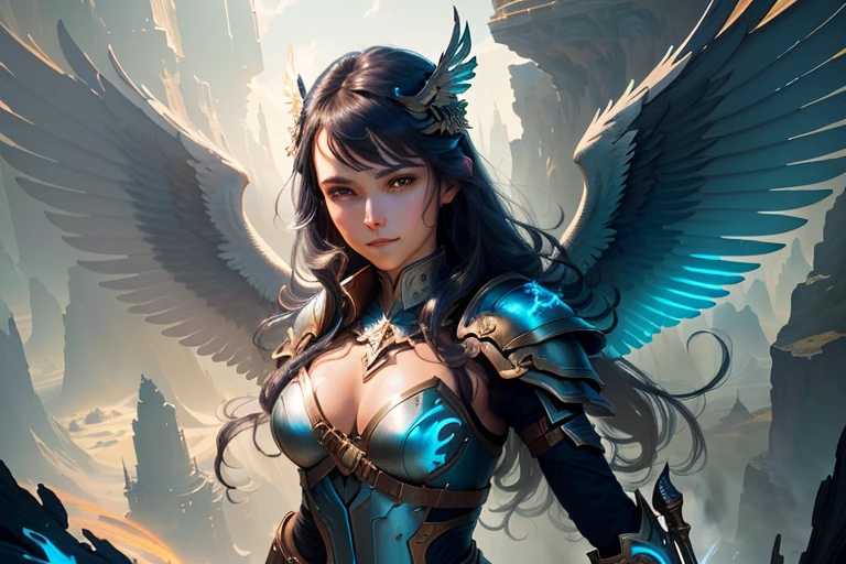 masterpiece, best quality, (extremely detailed CG unity 8k wallpaper), (best quality), (best illustration), (best shadow), absurdres, realistic lighting, (Abyss), beautiful detailed, art by PeterMohrBacher, 1girl, valkyrie, wings, armor, weapon, blue sky, light smile