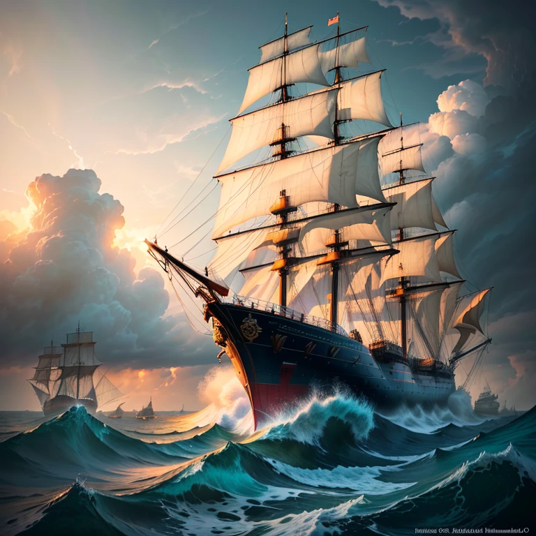 large three-masted ship under a rising pirate flag, front view, storm, foam on the waves, sky from orange to dark blue, clouds, cinematography, realism, realistic, clear focus, emitting diodes, smoke, artillery, sparks, racks, system unit, motherboard, author: pascal blanche rutkowski repin, hyperrealism, art station, detailed character design concept art, matte painting, 4 k resolution