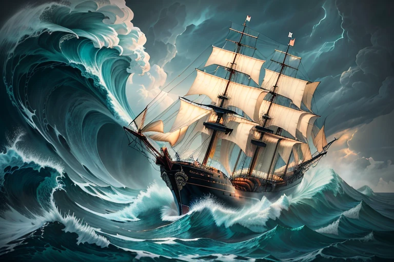  painting depicting a sailing ship in a stormy sea with cloudy skies, a ship lost during a storm, a ship at sea, a gothic ship in the ocean, in a stormy sea with big waves, hd wallpapers, sailing ship, works by Jakub Ruzalski, Krzysztof Boguszewski, ships with sails, Brian Thomas, stormy sea.