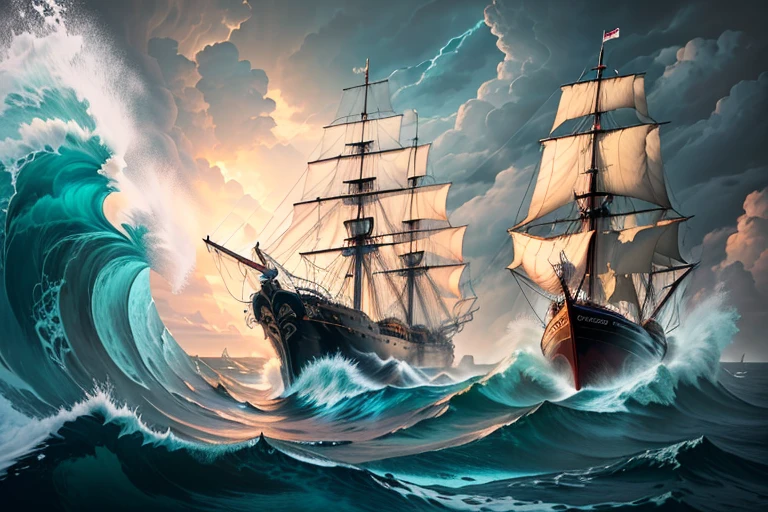  painting depicting a sailing ship in a stormy sea with cloudy skies, a ship lost during a storm, a ship at sea, a gothic ship in the ocean, in a stormy sea with big waves, hd wallpapers, sailing ship, works by Jakub Ruzalski, Krzysztof Boguszewski, ships with sails, Brian Thomas, stormy sea.