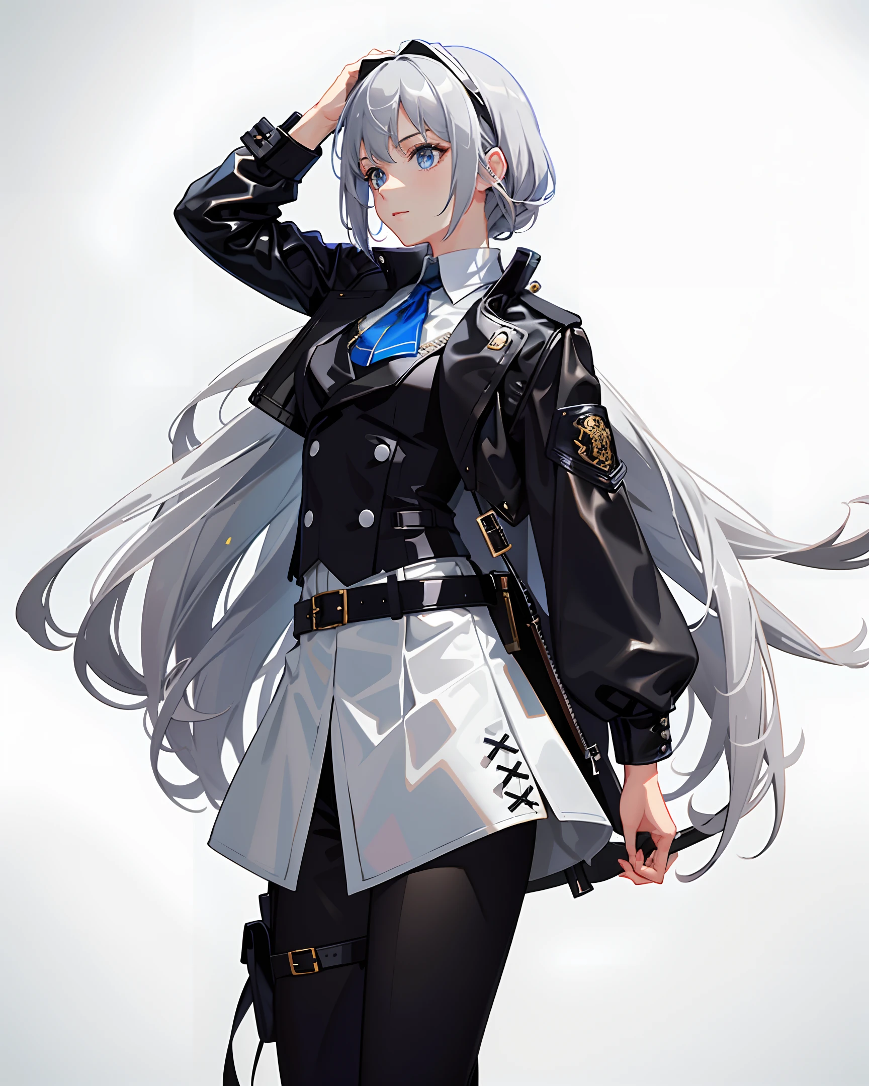 (masterpiece, best quality, extremely detailed CG, beautiful detailed eyes, ultra-detailed, intricate details:1.2), 8k wallpaper, elaborate features,
(1girl, solo:1.4),
(realistic textures:0.8), high resolution
masterpiece, absorbed, best quality, best aesthetic, ultra-detailed, ultra detailed, extremely detailed, 1girl, solo, grey hair, short hair, bob cut, swept bangs, blue eyes, hairpin, goggles on head, white shirt, high collar, blue ascot, (black waistcoat:1.4), (black cropped leather jacket:1.3), open jacket, long sleeves, skin tight, black skirt, belt, (belt pouch:1.2), thigh boots, belt boots, buckle, strap, steampunk, outdoors, cliff, grass, floating island, blue sky, cloud, sunlight, floating hair, hand on head, looking away, looking up, standing,