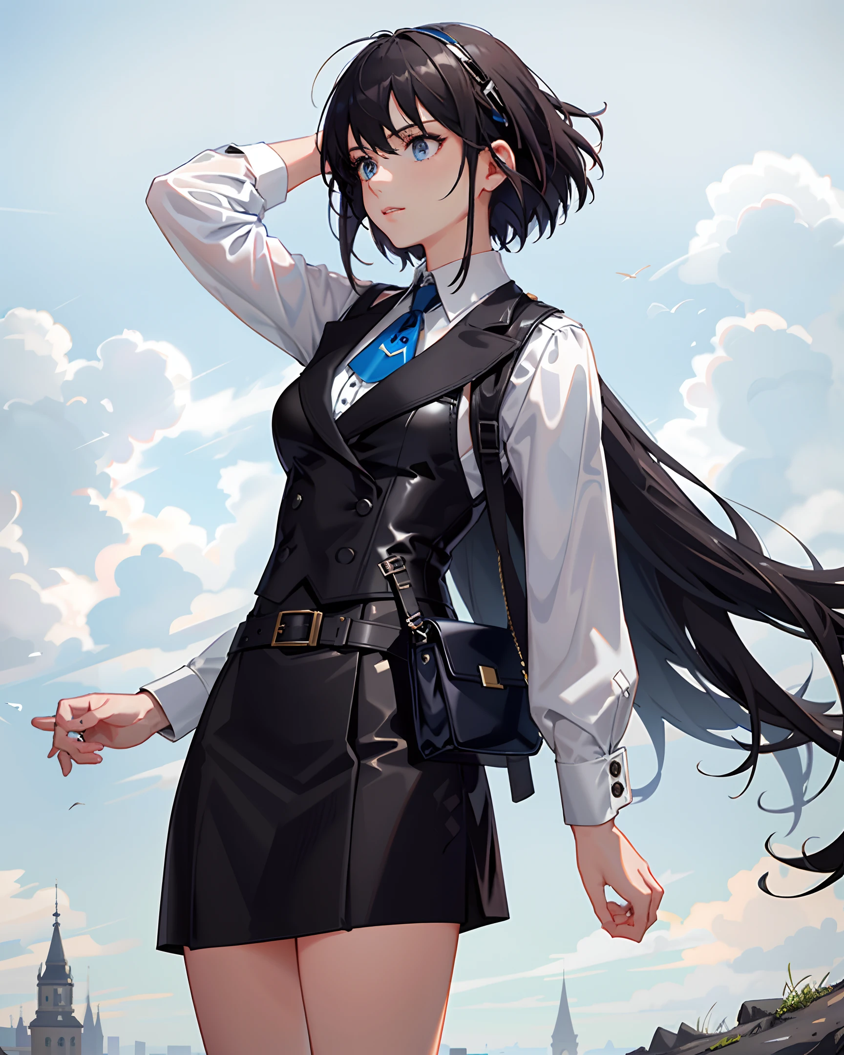 (masterpiece, best quality, extremely detailed CG, beautiful detailed eyes, ultra-detailed, intricate details:1.2), 8k wallpaper, elaborate features,
(1girl, solo:1.4),
(realistic textures:0.8), high resolution
masterpiece, absorbed, best quality, best aesthetic, ultra-detailed, ultra detailed, extremely detailed, 1girl, solo, grey hair, short hair, bob cut, swept bangs, blue eyes, hairpin, goggles on head, white shirt, high collar, blue ascot, (black waistcoat:1.4), (black cropped leather jacket:1.3), open jacket, long sleeves, skin tight, black skirt, belt, (belt pouch:1.2), thigh boots, belt boots, buckle, strap, steampunk, outdoors, cliff, grass, floating island, blue sky, cloud, sunlight, floating hair, hand on head, looking away, looking up, standing,