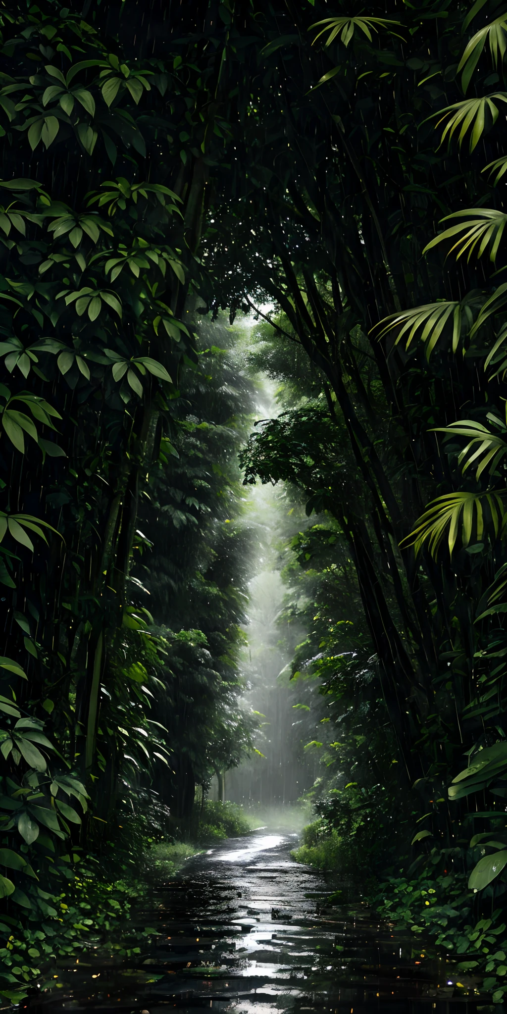 Jungle, with intense rains, monochrome, vines all around, giant and wet trees, masterpiece, best quality, high quality, extremely detailed CG unity 8k wallpaper, oil painting, award-winning photography, bokeh, depth of field, HDR, flowering, Chromatic aberration, photorealistic, very detailed, popular on artstation, popular at CGety Society, sophisticated, high detail, dramatic, mid-way art, surround lighting