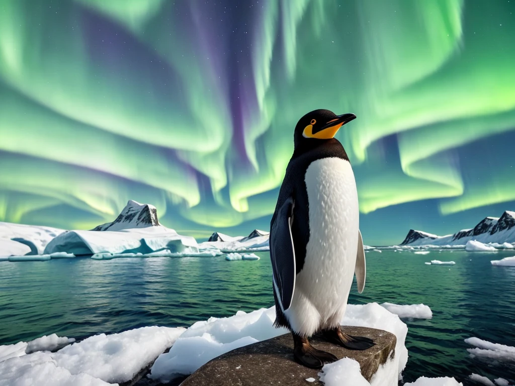 A penguin chick on an iceberg with the northern lights above, penguin, nature, northern lights, iceberg