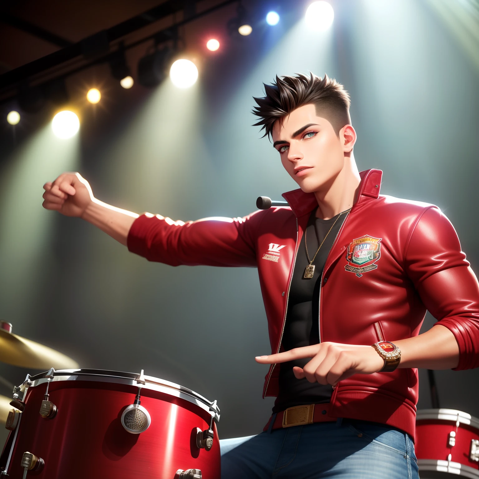 (dramatic illumination, dynamic angle, intense color contrast), [(muscular  boy with spiked black hair, olive skin and brown eyes: 1.2), (playing drums: 1.2), (wearing red varsity jacket and jeans: 1.1), (holding drumsticks: 1.2), (pub/old-fashioned bar/country bar: 1.1)], (bright spotlight, lively music)