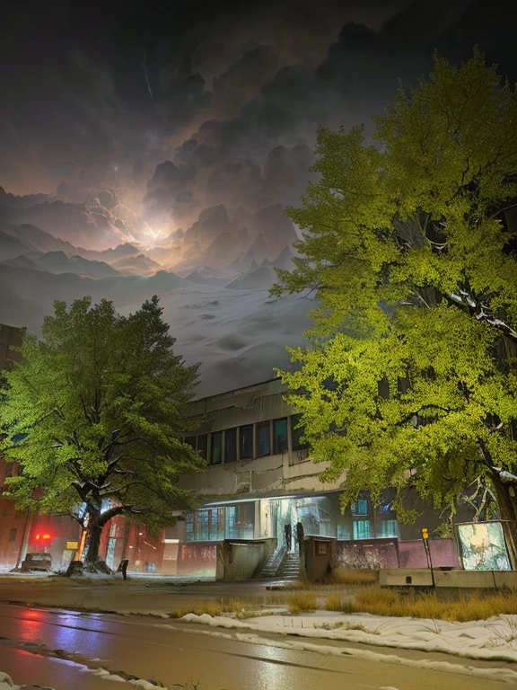 end of the world, epic realistic, (hdr:1.4), (muted colors:1.4), apocalypse, freezing, abandoned, neutral colors, night, screen space refractions, (intricate details), (intricate details, hyperdetailed:1.2), artstation, cinematic shot, vignette, complex background, buildings, snowy 