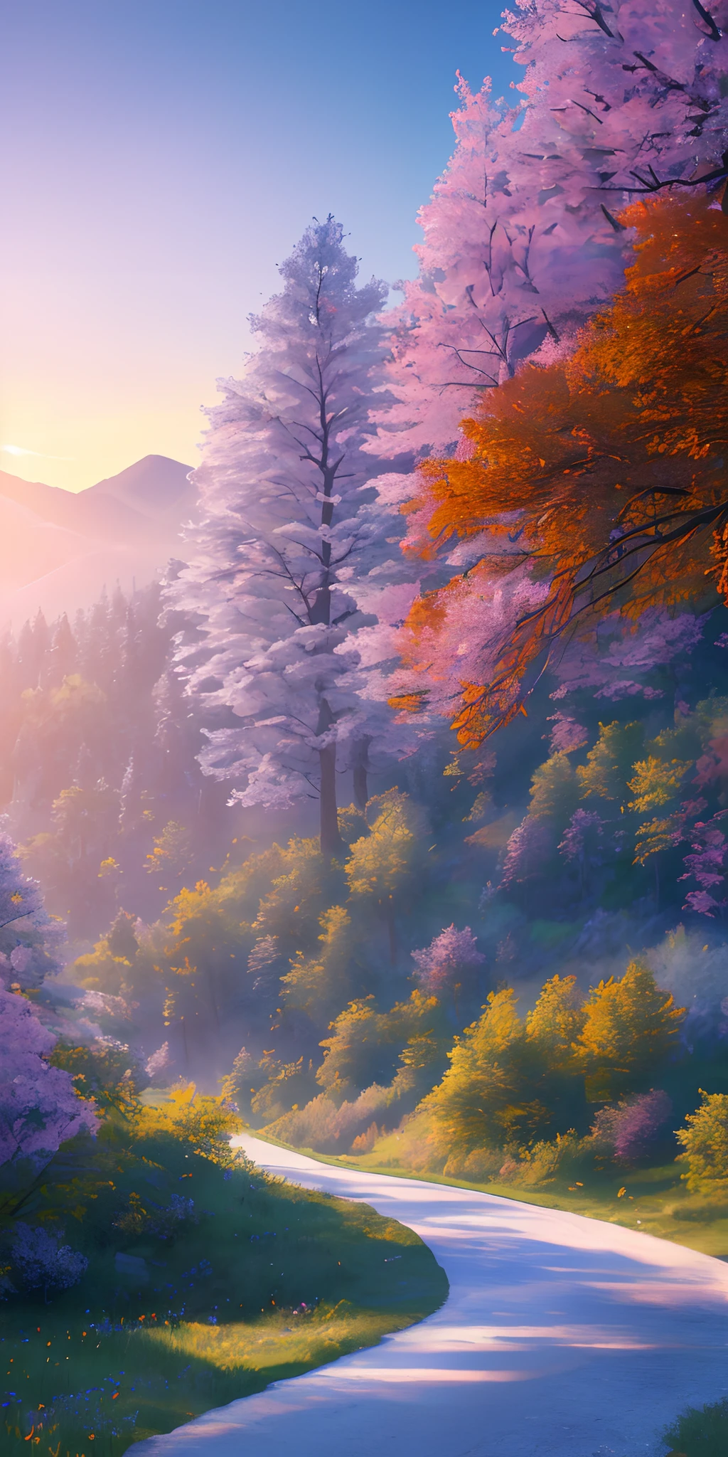 masterpiece, best quality, high quality, extremely detailed CG Unity 8k wallpapers, beautiful scenery, oil painting, award-winning photography, bokeh, depth of field, HDR, bloom, chromatic aberration, photorealistic, extremely detailed, artstation trends, trends on CGSociety, Intricate, highly detailed, dramatic, midway art And masterpiece, the best quality, high quality, extremely detailed CG unity 8k wallpapers. A lush summer landscape with rolling green hills that stretch to the horizon, dotted with wildflowers in shades of pink, yellow, and purple, voluminous lighting And a masterpiece, the best quality, high quality, extremely detailed CG unity 8k wallpapers A serene autumn landscape surrounded by trees in shades of golden yellow, fiery red and scorched orange. The fresh air carries the sweet scent of fallen leaves and wood smoke. The ground is covered in a blanket of warm leaves that rustle under your feet. A misty mountain range rises in the distance, surround lighting And a masterpiece, the best quality, high quality, extremely detailed CG unity 8k wallpapers A breathtaking winter landscape covered by a snowy cloak, creating a world of sparkling white and cool blue tones. Tall evergreens stand tall and proudly, their branches are burdened with heavy snow, voluminous lighting And a masterpiece, the best quality, high quality, extremely detailed CG unity 8k wallpapers A vivid spring landscape bursting with new life and color. The hills are covered with a green carpet dotted with delicate wildflowers in shades of pink, purple and yellow, and voluminous lighting
