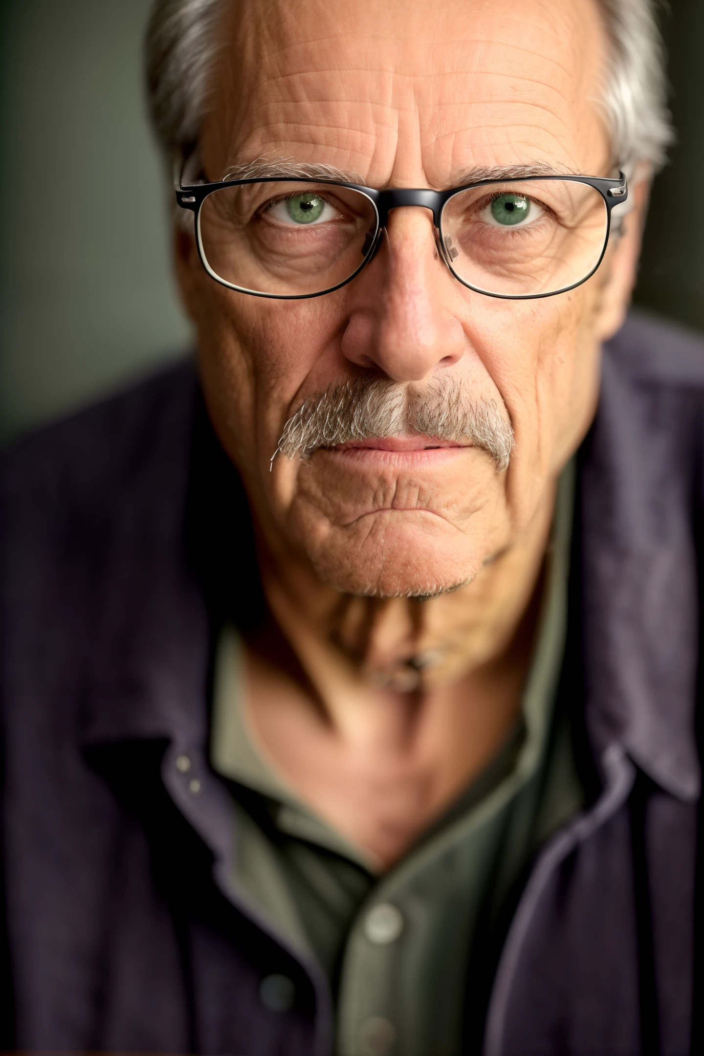 (editorial photograph of a partially balding, brown eyed, unshaven, tired, 70 y.o. male), (wearing worn out gray Henley neck winter shirt and worn out, old green canvas LL Bean jacket , wearing glasses, detailed:1.3), (highly detailed face:1.4), (background inside dark, moody, private study, old furniture:1.3), (8k, uhd, dslr, high quality, cinematic lighting, bokeh), (dramatic, award winning photography, incredible masterpiece:1.3) (strong depth of field)