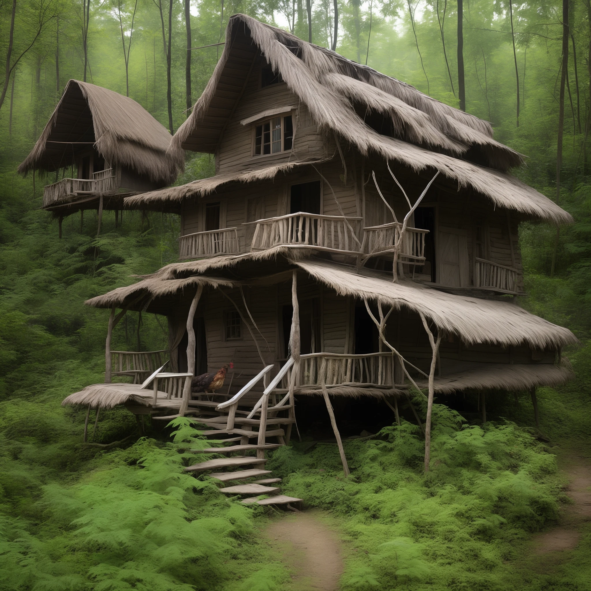 a fabulous dilapidated hut is installed on chicken legs, stands in a dense forest. at the front door sits an old woman, a fabulous baba yaga