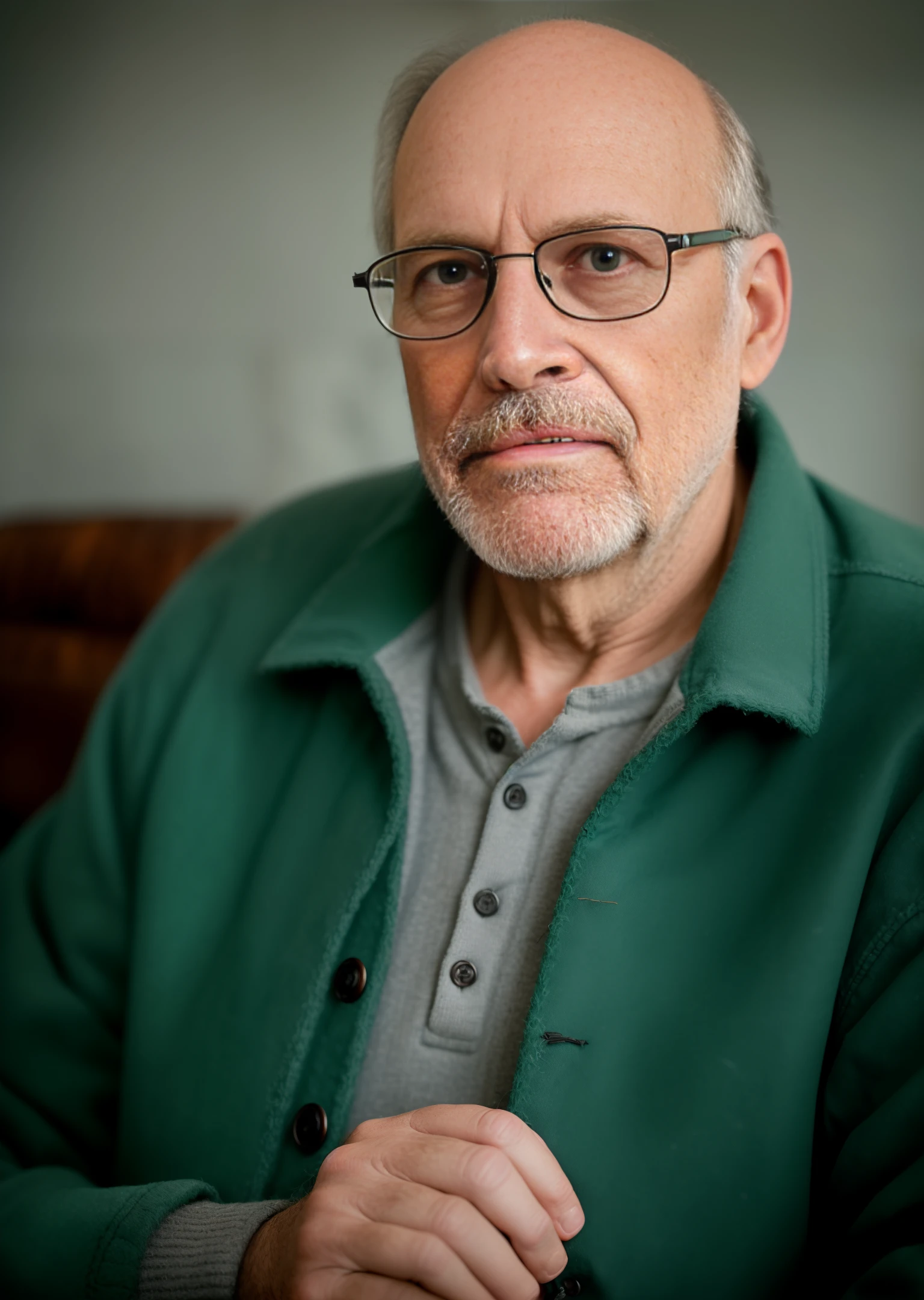 (editorial photograph of a partially balding, unshaven, tired, 70 y.o. male, brown eyes), (wearing worn out gray Henley neck winter shirt and worn out, wearing worn out old green canvas LL Bean jacket , wearing glasses, detailed:1.3), (highly detailed face:1.4), (background inside dark, moody, private study, old furniture:1.3), (8k, uhd, dslr, high quality, cinematic lighting, bokeh), (dramatic, award winning photography, incredible masterpiece:1.3) (strong depth of field)