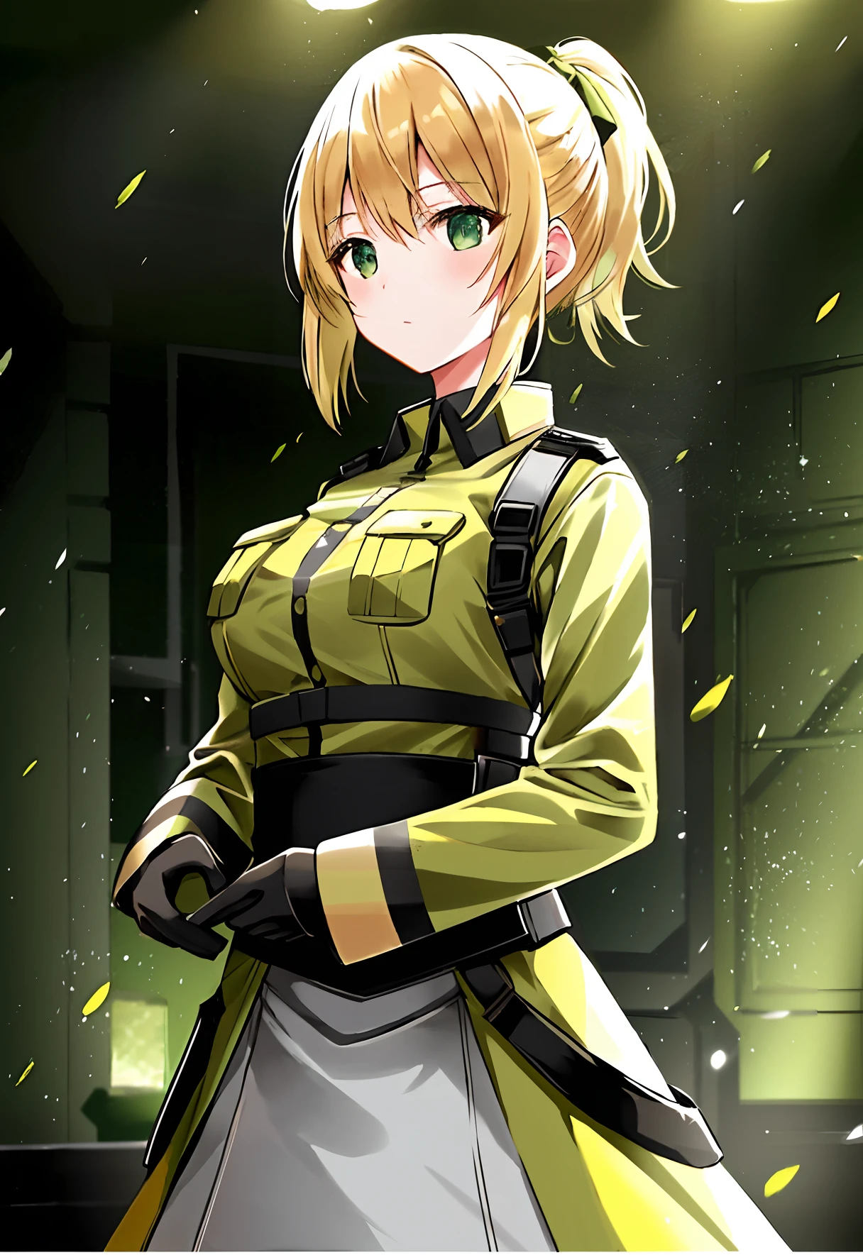 1woman, blond and brown hair, ponytail hair, military uniform, ballistic vest, respirator, bob cut, field cap, green cloth color scheme, a white room in background, yellow light, blurry background, warm colors, fireflies, lens flare, masterpiece, best quality, high quality, professional novel illustration, large breasts, happy