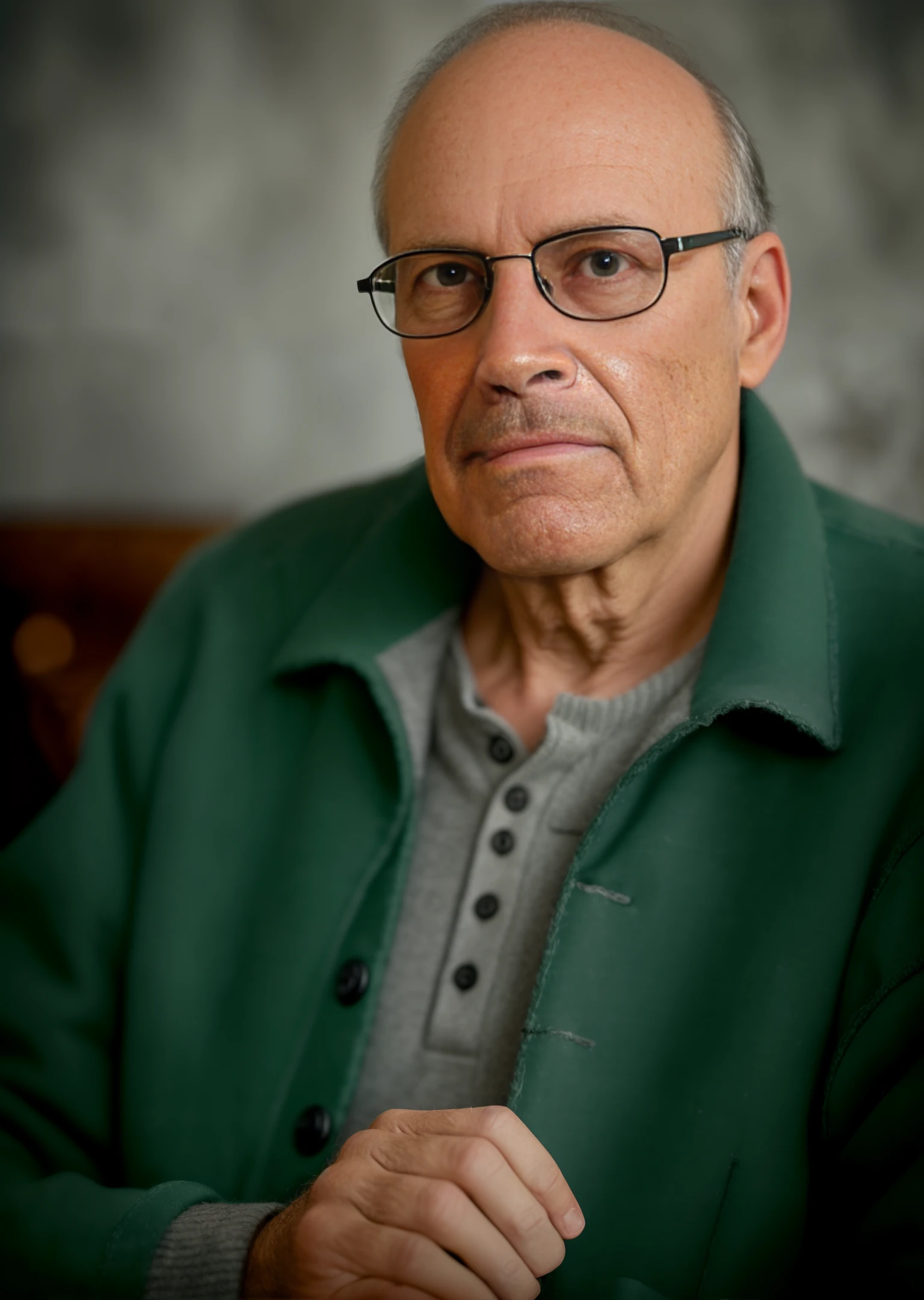 (editorial photograph of a partially balding, unshaven, tired, lonely, 70 y.o. male, brown eyes), ((wearing worn out gray Henley neck winter shirt, wearing worn out old faded black canvas LL Bean winter jacket , wearing glasses, detailed:1.3)), (highly detailed face:1.4), (background inside dark, moody, private study, old furniture:1.3), (8k, uhd, dslr, high quality, cinematic lighting, bokeh), (dramatic, award winning photography, incredible masterpiece:1.3) (strong depth of field)