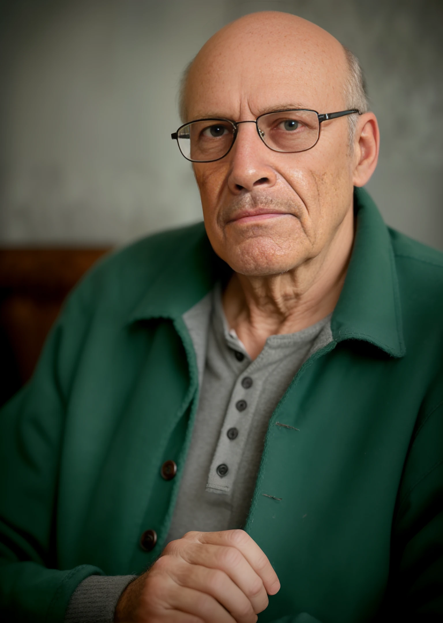 (editorial photograph of a partially balding, unshaven, tired, lonely, 70 y.o. male, brown eyes), (wearing worn out gray Henley neck winter shirt and worn out, wearing worn out old faded green canvas LL Bean jacket , wearing glasses, detailed:1.3), (highly detailed face:1.4), (background inside dark, moody, private study, old furniture:1.3), (8k, uhd, dslr, high quality, cinematic lighting, bokeh), (dramatic, award winning photography, incredible masterpiece:1.3) (strong depth of field)