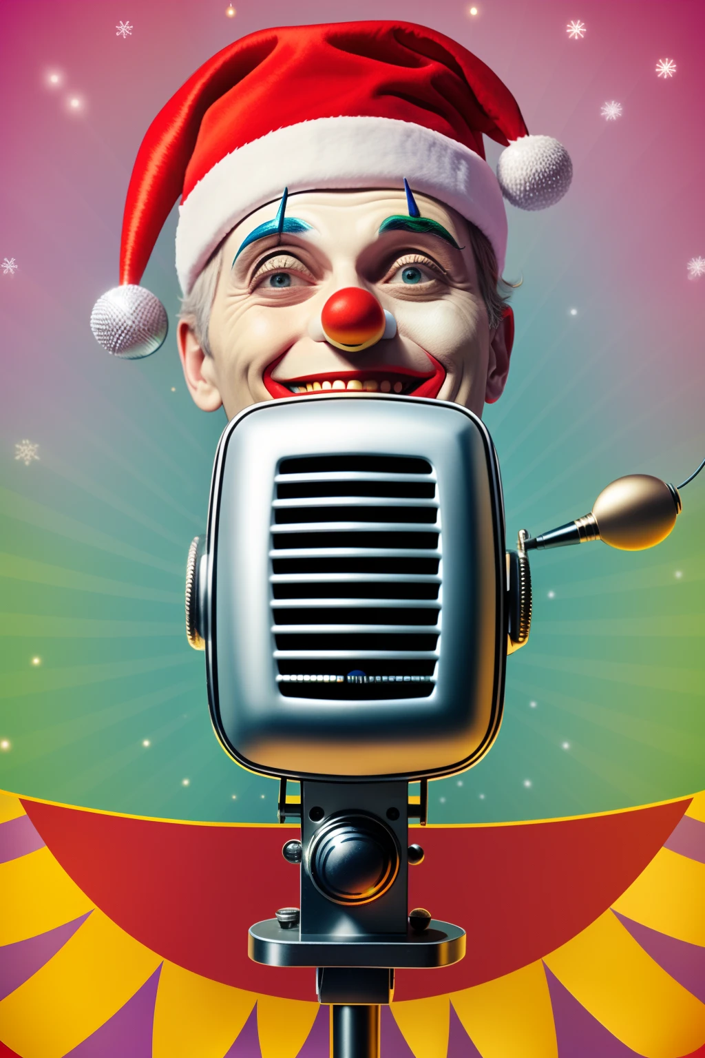 Radio microphone, which is depicted as a clown, joking and saying holiday greetings