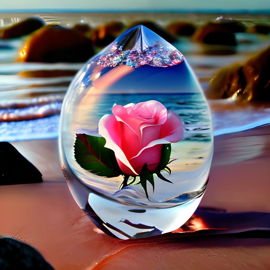 rose in a crystal glass on the seashore