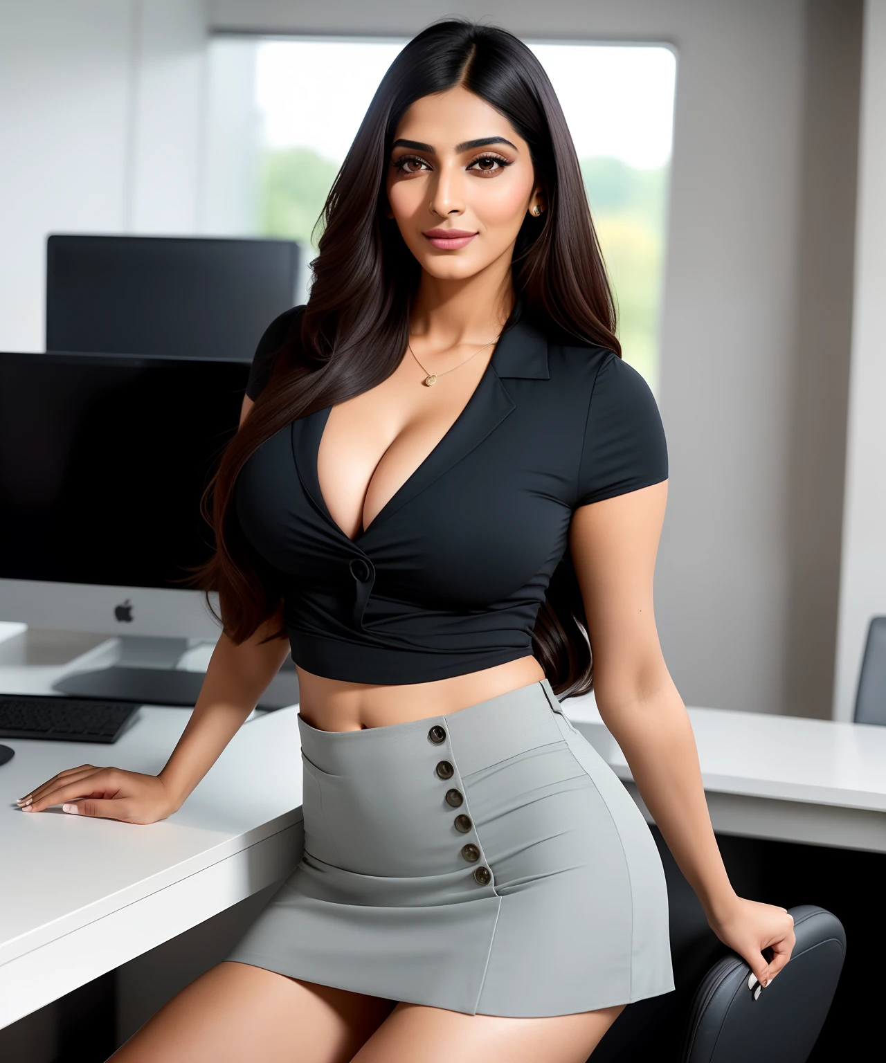 Photo of sonam kapoor, (((full body picture))), ((realistic)), ((hyper realistic)), ((lifelike)),(sharp focus:1.2), attractive woman, (beautiful face:1.1), detailed eyes, luscious lips, pale skin,(hair upsweep), 30 years old, big body,
indoors, office, secretary, leaning on desk,
(business dress), (unbuttoned shirt), (short skirt)
(big boobs), (cleavage), (tight abs), (thick hips), (big ass),
4K, HDR, DSLR photoshoot, professional photography, detailed texture.
