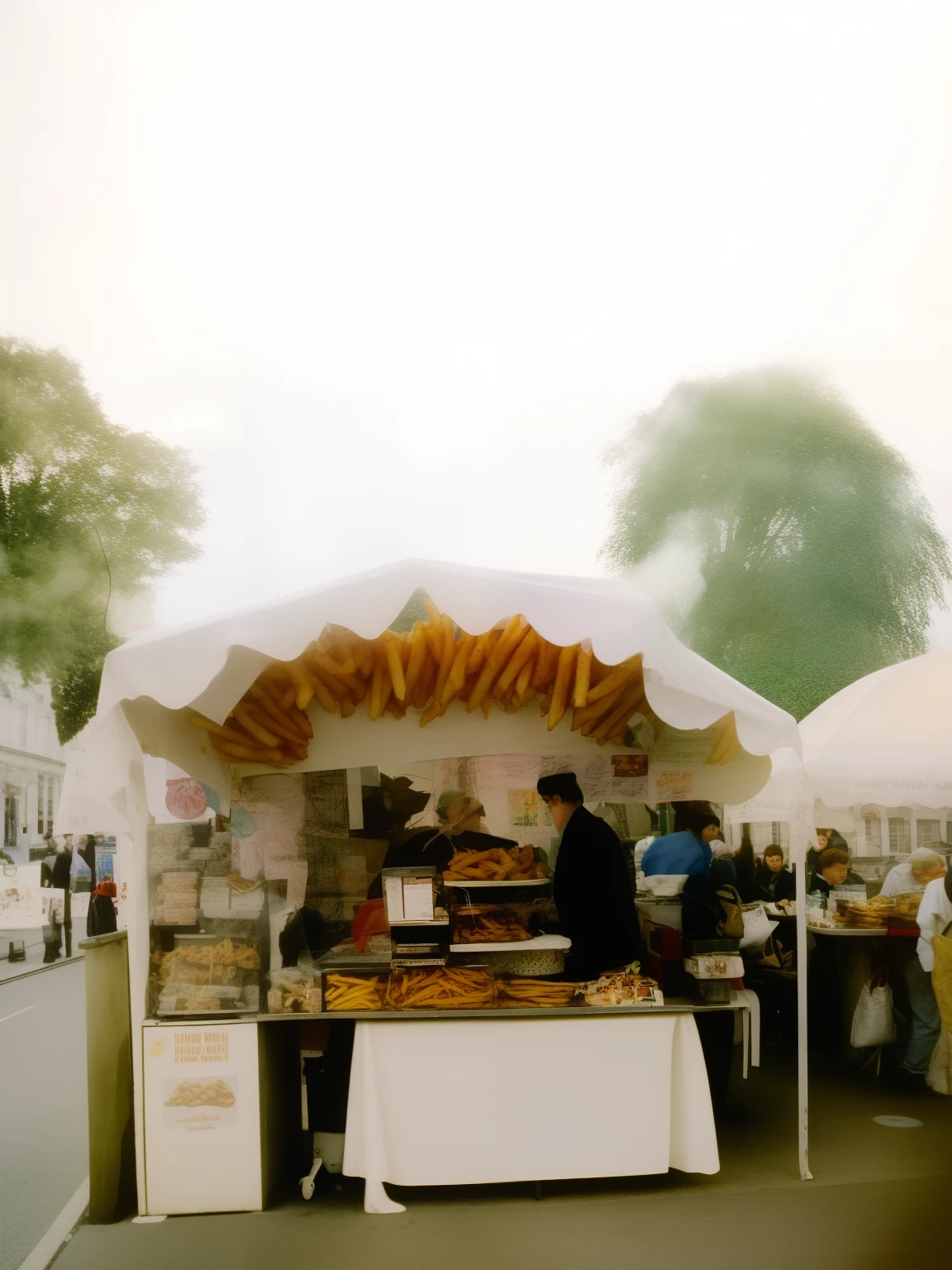 Lomo style photos sell french fries, fish and chips, french fries, brands, vintage designs, signature designs, Uncle Chip, London styles, Harry Potter styles, themed decorations, English snacks, candy, and stall designs