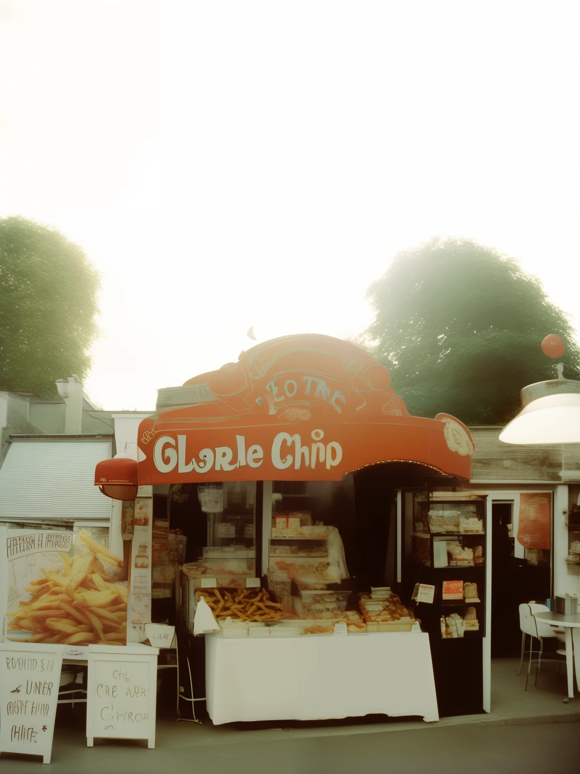 Lomo style photos sell french fries, fish and chips, french fries, brands, vintage designs, signature designs, Uncle Chip, London styles, Harry Potter styles, themed decorations, English snacks, candy, and stall designs