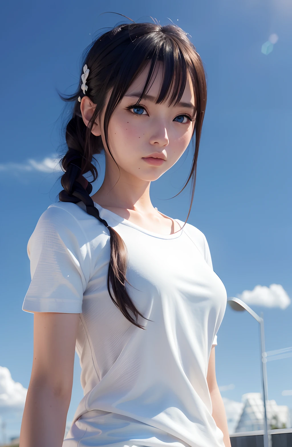 1. Anime girl staring at the camera with blue eyes, guweiz style artwork, realistic anime girl rendering, smooth anime CG art, soft anime illustrations, detailed digital animation art, detailed anime soft faces, amazing anime faces, 3D anime realistic, detailed portraits of anime girls, anime art wallpapers 8k, realistic anime 3D style.
2. Anime girl with blue eyes staring at the camera, an anime painting inspired by Yuumei, popular on Artstation, conceptual art, guweiz style artwork, realistic anime girl rendering, smooth anime CG art, exquisite anime soft faces, stunning anime faces, 3D anime realistic.