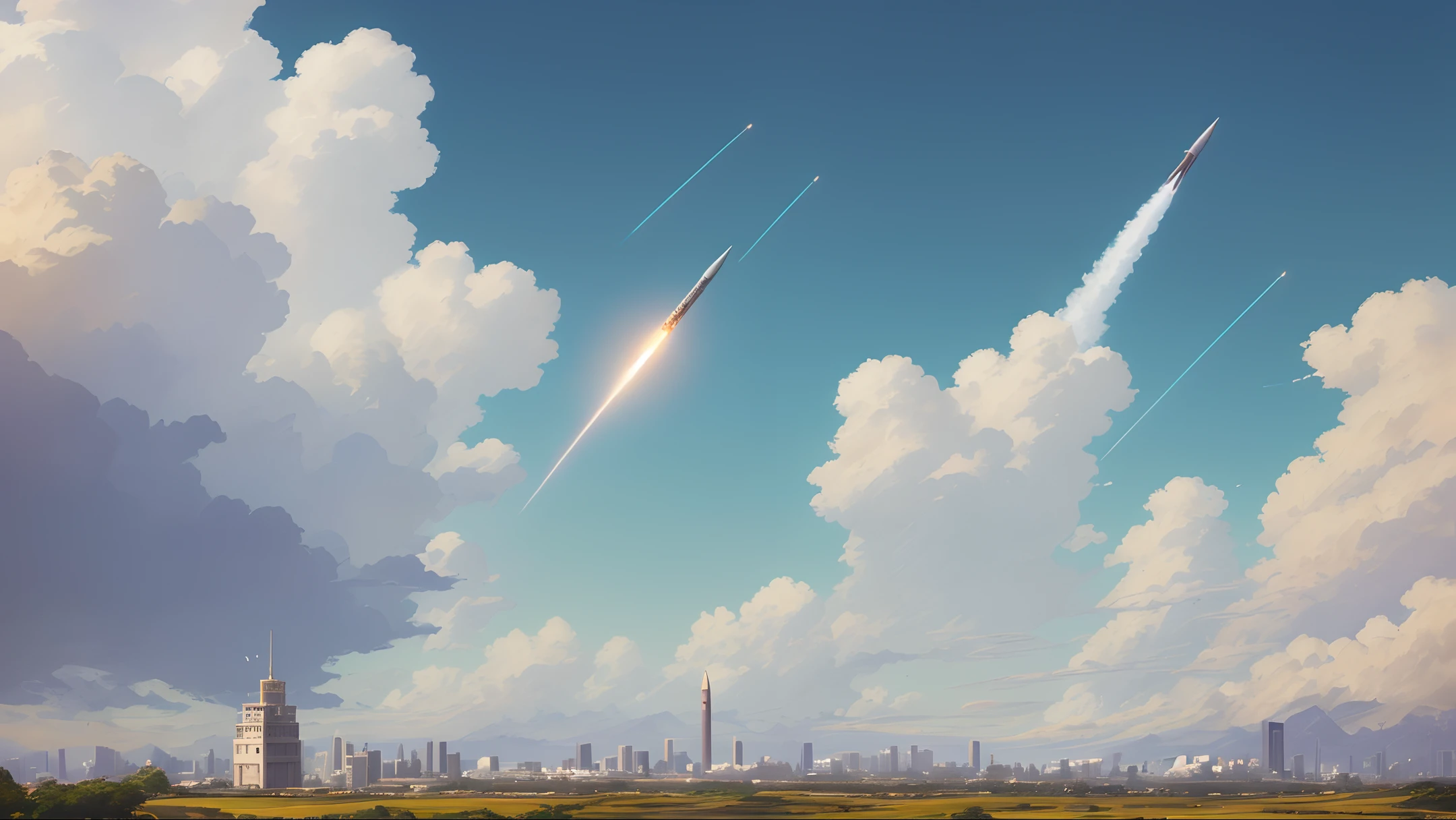 a highly detailed matte painting of a rocket launch in the distance by studio ghibli, makoto shinkai, by artgerm, by wlop, by greg rutkowski, volumetric lighting, octane render, 4 k resolution, trending on artstation, masterpiece, art by greg rutkowski and artgerm, soft cinematic light, adobe lightroom, photolab, hdr, intricate, highly detailed, ((((depth of field))))