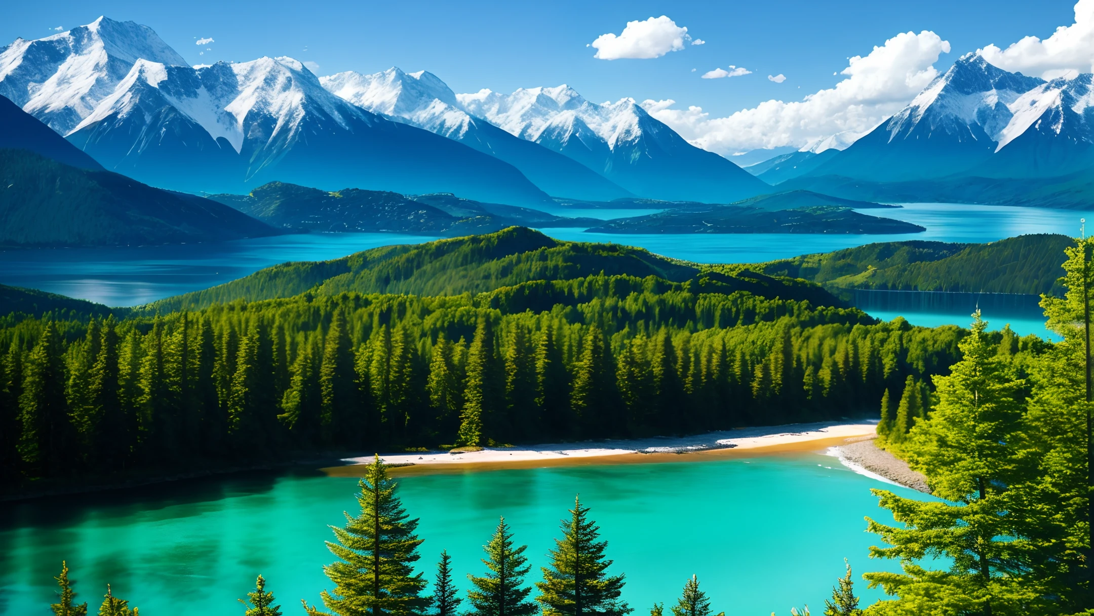 mountains, sea, forest