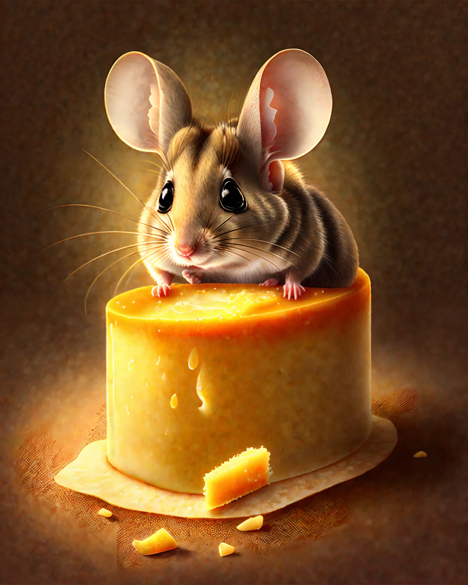 A mouse sits in cheese and eats it