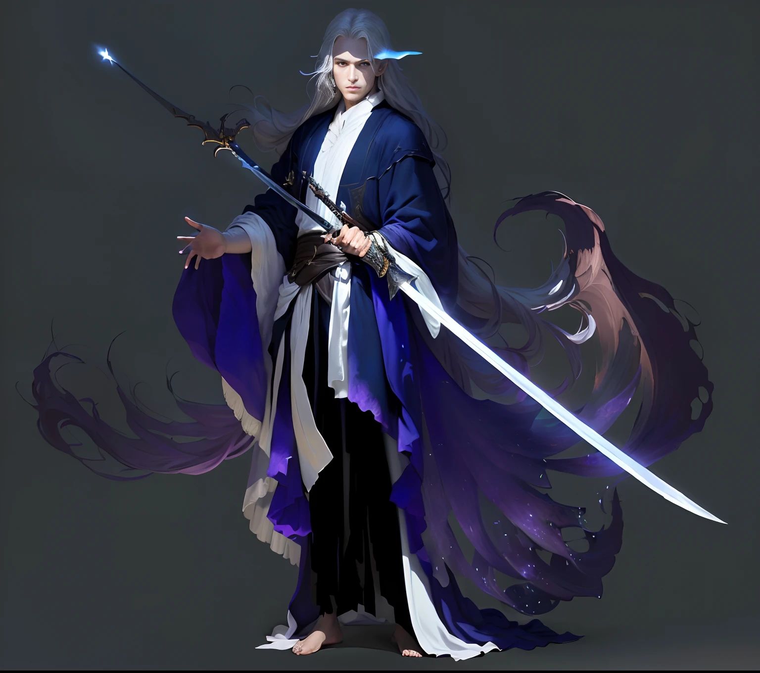 I drew a fairy in a robe and a long sword, a masterpiece, the best quality, (very detailed CG unified 8k wallpaper), (the best quality), (the best illustration), (the best shadows), ridiculous, realistic lighting, (the abyss), the fine details of the light, Peter Morbach's art,