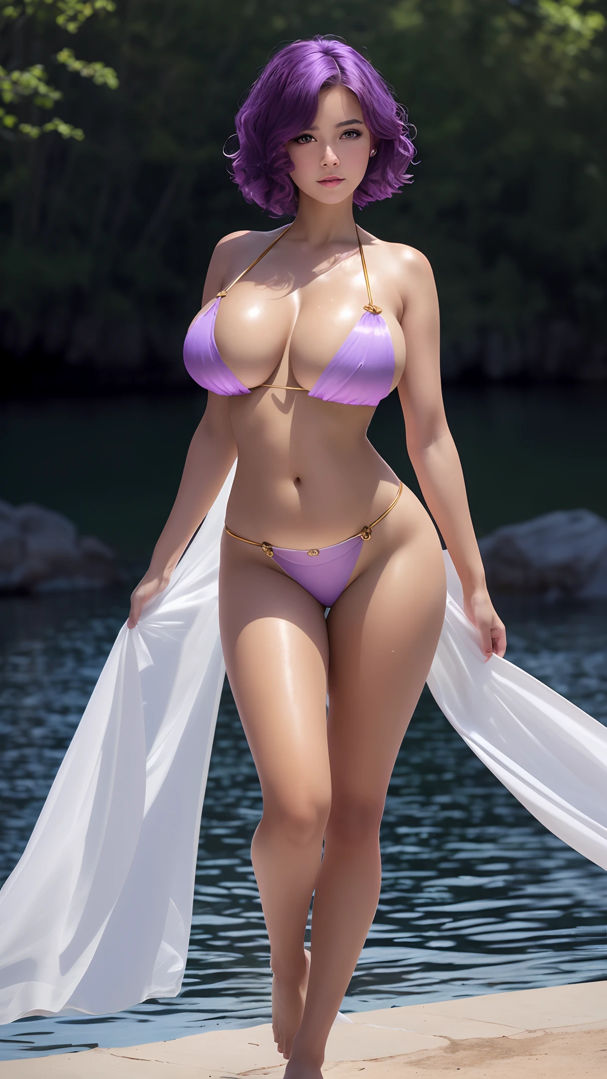 Standing in the lake, high quality, full body detail, golden ratio, standing barefoot, succubus (anthropomorphic, beautiful, smooth, scaly skin) (big boobs), deep cleavage, (wrapped in a broken translucent bath towel, no underwear), short purple hair, super realistic, clear details, (full body), 8k, (original), cg, obsession, masterpiece, original photo, sfw, dirty (0.8), (super), (super), (super), (super), (super), 8, sharp focus mm, details