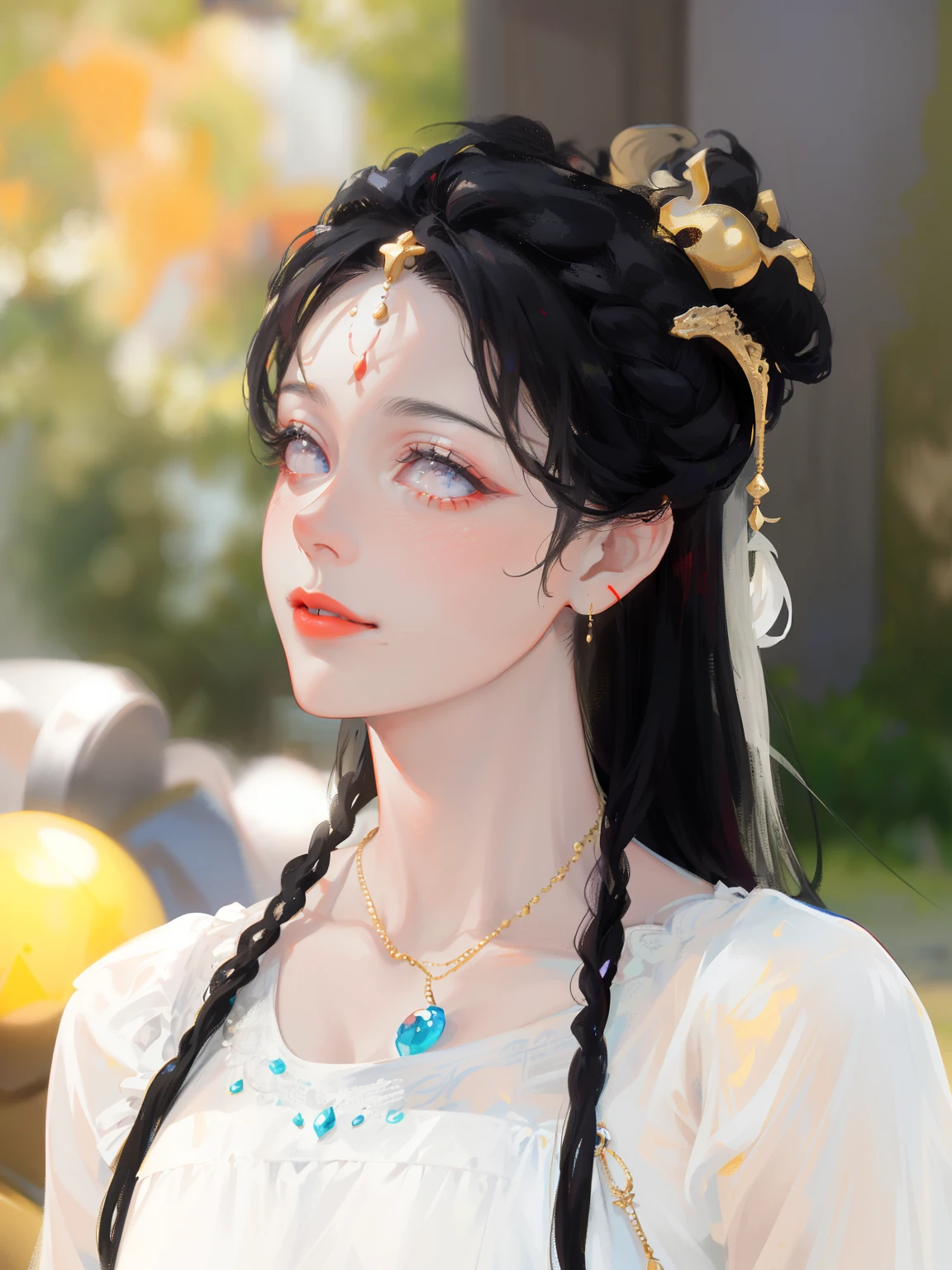 (Masterpiece, Monochrome, Colorful: 1.0), (Maximum Quality: 1.2), (Ultra High Quality: 1.1), Masterpiece, Best Quality, (Very Detailed CG Unity 8k Wallpaper), (Best Quality), (Best Illustration), ( Best Shadow), realistic lighting, Dunhuang murals, ancient girl, lavender gauze skirt, high bun, gold ornaments, necklace, gold bracelet, red lips, beautiful, big eyes, innocent smile, sadness, red lips
