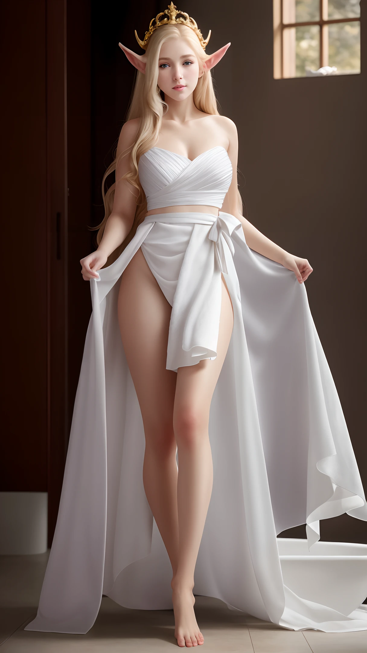Highest quality, full-body detail, golden ratio, barefoot standing, high definition, white horse (anthropomorphic, purebred, pretty, white skin, high elves, sharp ears), long blond hair on the head, super realistic, clear details, (wear a translucent bath towel, no underwear) (full body), 8k, (original), cg, skin scales, obsession, darkness, cuteness, seduction, fracture, masterpiece, original photo, w, dirty (0.8), ultra-fine (0.8), ultra-fine), ultra-fine), ultra-clear photo (fine) focus