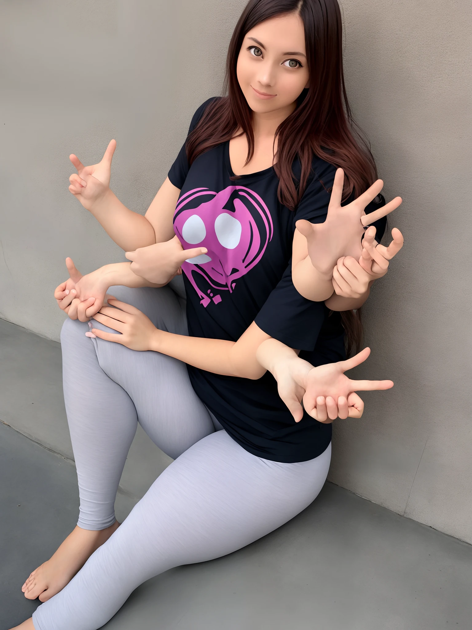 (multiarm:1.2) woman, four arms, anime, casual clothes, t-shirt, leggings, solo, double v, double peace sign, arms folded, sitting, hugging knee, from above, looking at viewer, mudra