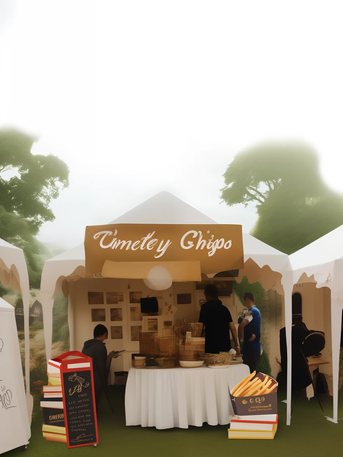 (Very detailed CG unified 8k wallpaper), (best quality), (best illustration), (best shadow), Lomo style photos selling french fries, french fries, branding, vintage design, signature design, Uncle Chips, London style, Harry Potter style, themed decorations, English snacks, and stand design