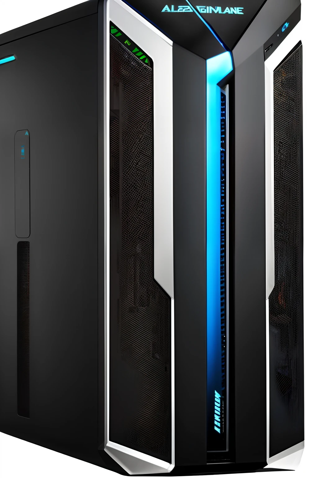 The skin on a computer with Blu-ray on the side, alienware, gaming computer, computer game, gaming computer, desktop computer, TX, gaming computer case, startup, custom computer, high end, RTX on, Buffalo, game computer, server, RTX, system, has smooth lines, and is a powerful liquid-cooled desktop.