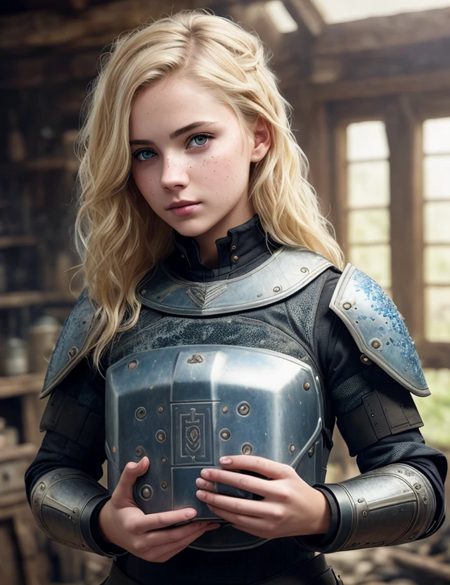 1girl, cowboy shot of beautiful mage, colored skin, blue skin, windblown blonde hair, white heavy armor, pauldrons, glowing halo, temple indoors, volumetric lighting, best quality, masterpiece
