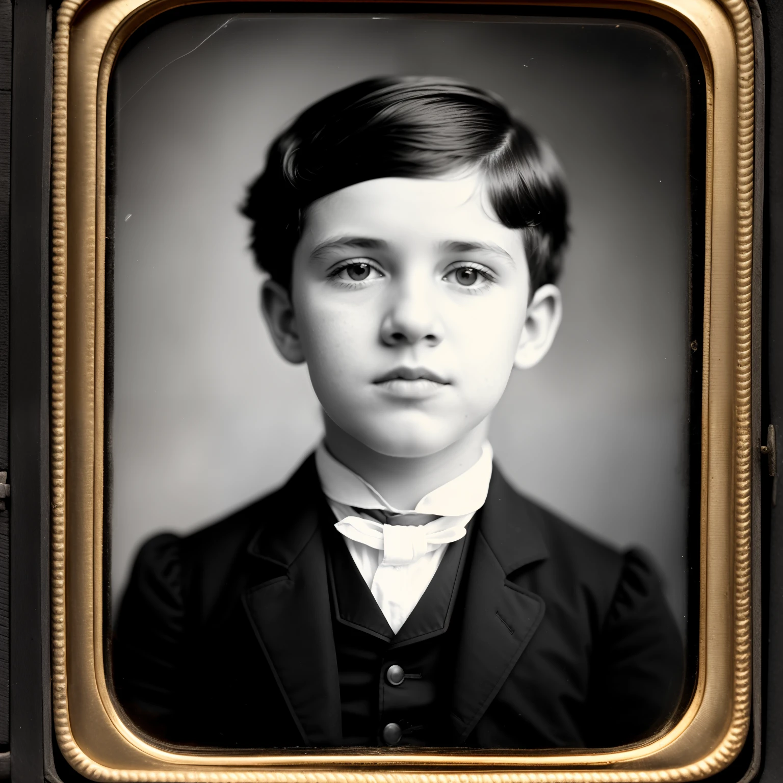 RAW photo, Old black & white Daguerreotype portrait of a young boy during Victorian times. (hyper-realistic), (high detailed skin:1.2), 8k uhd, dslr, soft lighting, high quality, film grain, Fujifilm XT3