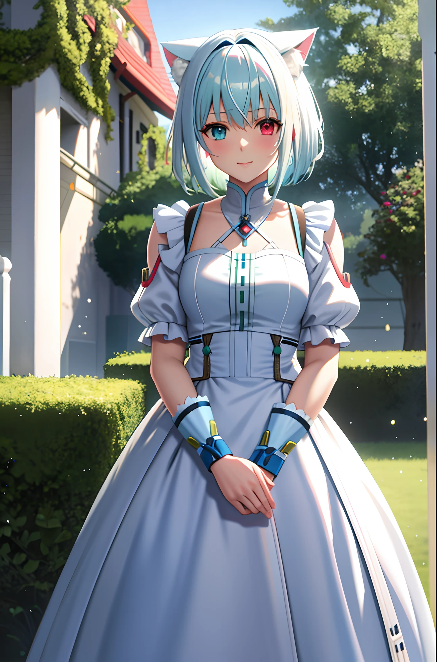 xenoblade, white hair, blue and red eyes, pose, green background, cat girl, close up, white dress, 1girl, hands behind back, heterochromia, short hair, mio, nia, ((1girl))