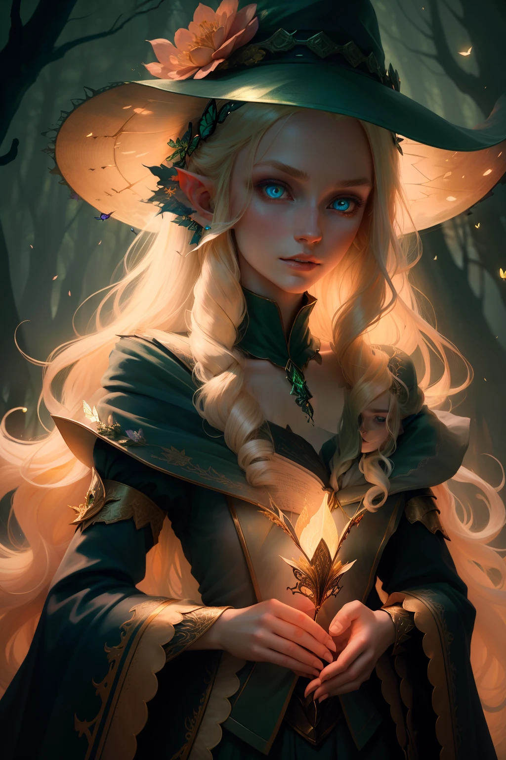 1girl, cowboy shot of beautiful elf mage, pale skin, windblown blonde hair, long pointy ears, simple armored dress, reading a glowing book, flower diadem, glowing butterfly, forest, ruins, moon, volumetric lighting, best quality, masterpiece, green eyes, glowing eyes, ultra-detailed