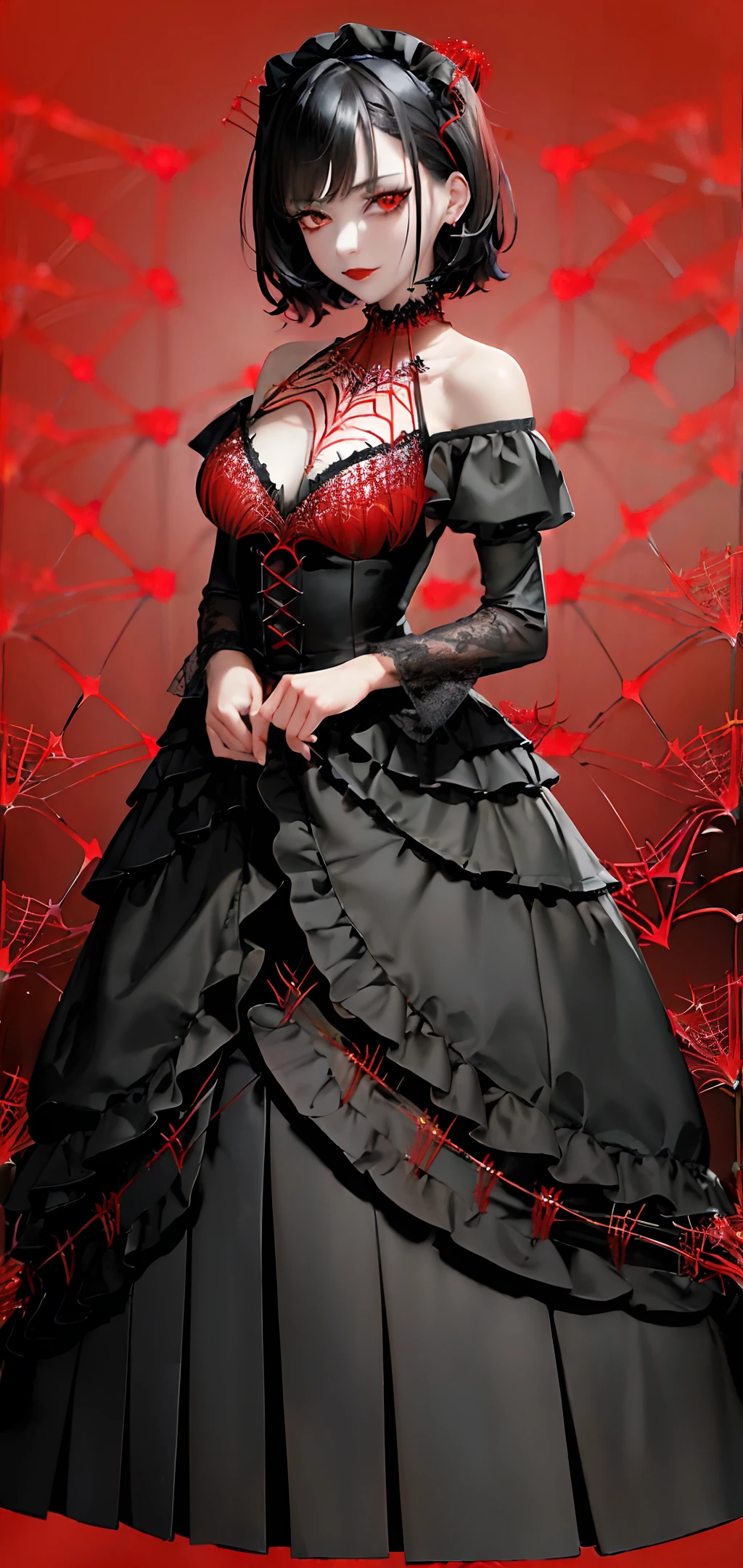 goth theme, (masterpiece), (best quality), (detailed), light layer, lustrous skin, (intricate detailed , black dress with ruffles, fishnets: 2), (eye shadow, eyeliner, black lipstick: 1.5), from front, black hair, black choker, short hair, (mature female:1.1), [uncensored, NSFW], BREAK (red spider lilies background:1.5), full body, standing