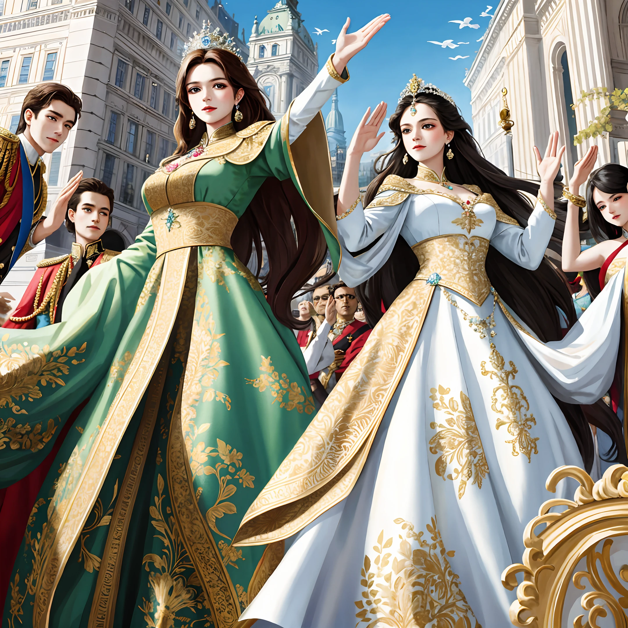 (masterpiece, best ultra quality, hyper realistic by ultra high res, sharp realistic photo, 8k real picture, ultra intricate details, strong depth of field, detailed face, detailed eyes):1.5, (from toes to head:1.15), (lot of crowd:1.3), looking at viewer
Style - Fantasy, Realisitc

Locate - Crowded street in city

Background - A typical German cityscape with buildings and people

Subject - Two princesses, around 18 years old, with a sexual and determined appearance

View - A frontal or slightly tilted view of the princesses, surrounded by a large crowd of people, with some important officials or guards beside them

Appearance - These princesses are dressed in a regal and elegant also hollow gown with intricate and sexy, with a crown or a tiara on her head, and some royal jewelry,They were adorned in clothes and accessories, each one a meticulously crafted masterpiece by luxurious.

Outfit - Each one long gown with intricate designs by China and French court style exquisite embroidered, made of luxurious fabric, a meticulously crafted masterpiece by a renowned artist.

Pose - They are walking forward, with their heads held high and their gaze fixed straight ahead, showing confidence and demonstrating their instinctual drive to mate hope.

Details - The crowd behind her can be shown in different poses, with some people bowing or saluting her, while others are cheering or waving flags.

Effects - A sense of motion can be created by showing these princesses's gown and hair flowing in the wind, and the crowd in motion around her.

Description - The artwork portrays two princesses on a royal procession, marching among a diverse crowd, with a determined expression and showing desire on their face.

The 19th century German cityscape in the background adds to the historical feel of the artwork, and the regal luxurious attire and jewelry of these princesses add to the elegance and grandeur of the overall scene.