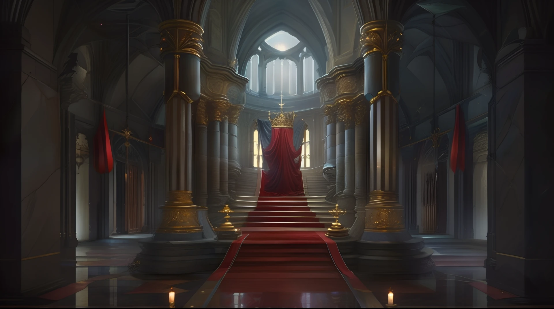 Photo (FantasyRealm: 1), distant view, professional majestic oil painting, trend on ArtStation, trend on CGSociety, rich in detail and refinement, European architecture, castle interior, (throne), darkness, (festival), (floating balloon), ribbon, red carpet color, hallway, empty space, transparent light,