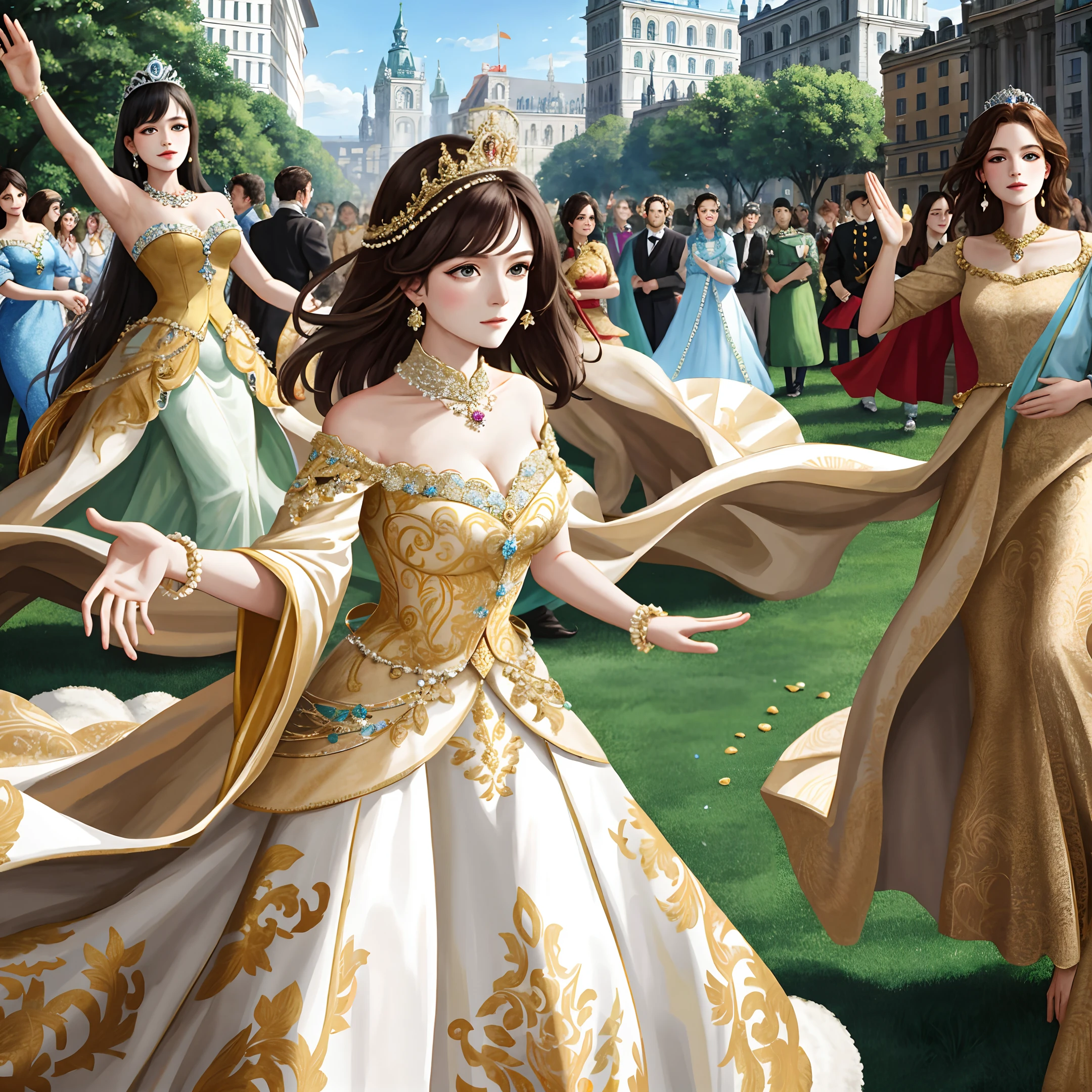 (masterpiece, best ultra quality, hyper realistic by ultra high res, sharp realistic photo, 8k real picture, ultra intricate details, strong depth of field, detailed face, detailed eyes):1.5, (from toes to head:1.15), (lot of crowd:1.3), looking at viewer
Style - Fantasy, Realisitc
Locate - Crowded street in city
Background - A typical German cityscape with buildings and people
Subject - Two princesses, around 18 years old, with a sexual and determined appearance
View - A frontal or slightly tilted view of the princesses, surrounded by a large crowd of people, with some important officials or guards beside them
Appearance - These princesses are dressed in a regal and elegant also hollow gown with intricate and sexy, with a crown or a tiara on her head, and some royal jewelry,They were adorned in clothes and accessories, each one a meticulously crafted masterpiece by luxurious.
Outfit - Each one long gown with intricate designs by China and French court style exquisite embroidered, made of luxurious fabric, a meticulously crafted masterpiece by a renowned artist.
Pose - They are walking forward, with their heads held high and their gaze fixed straight ahead, showing confidence and demonstrating their instinctual drive to mate hope.
Details - The crowd behind her can be shown in different poses, with some people bowing or saluting her, while others are cheering or waving flags.
Effects - A sense of motion can be created by showing these princesses's gown and hair flowing in the wind, and the crowd in motion around her.
Description - The artwork portrays two princesses on a royal procession, marching among a diverse crowd, with a determined expression and showing desire on their face.
The 19th century German cityscape in the background adds to the historical feel of the artwork, and the regal luxurious attire and jewelry of these princesses add to the elegance and grandeur of the overall scene.