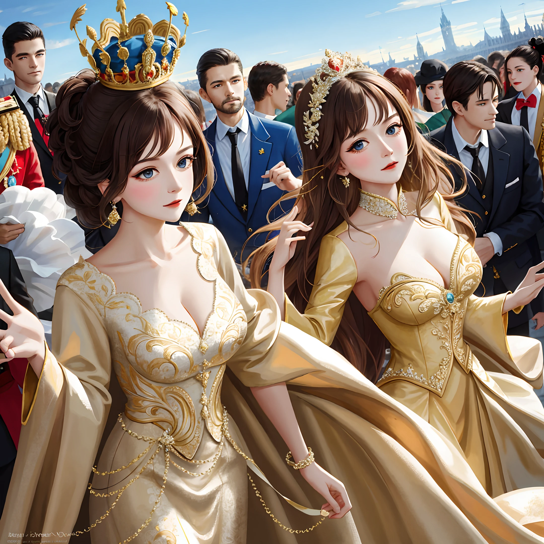 (masterpiece, best ultra quality, hyper realistic by ultra high res, sharp realistic photo, 8k real picture, ultra intricate details, strong depth of field, detailed face, detailed eyes):1.5, (from toes to head:1.15), (lot of crowd:1.3), looking at viewer
Style - Fantasy, Realisitc
Locate - Crowded street in city
Background - A typical German cityscape with buildings and people
Subject - Two princesses, around 18 years old, with a sexual and determined appearance
View - A frontal or slightly tilted view of the princesses, surrounded by a large crowd of people, with some important officials or guards beside them
Appearance - These princesses are dressed in a regal and elegant also hollow gown with intricate and sexy, with a crown or a tiara on her head, and some royal jewelry,They were adorned in clothes and accessories, each one a meticulously crafted masterpiece by luxurious.
Outfit - Each one long gown with intricate designs by China and French court style exquisite embroidered, made of luxurious fabric, a meticulously crafted masterpiece by a renowned artist.
Pose - They are walking forward, with their heads held high and their gaze fixed straight ahead, showing confidence and demonstrating their instinctual drive to mate hope.
Details - The crowd behind her can be shown in different poses, with some people bowing or saluting her, while others are cheering or waving flags.
Effects - A sense of motion can be created by showing these princesses's gown and hair flowing in the wind, and the crowd in motion around her.
Description - The artwork portrays two princesses on a royal procession, marching among a diverse crowd, with a determined expression and showing desire on their face.
The 19th century German cityscape in the background adds to the historical feel of the artwork, and the regal luxurious attire and jewelry of these princesses add to the elegance and grandeur of the overall scene.
