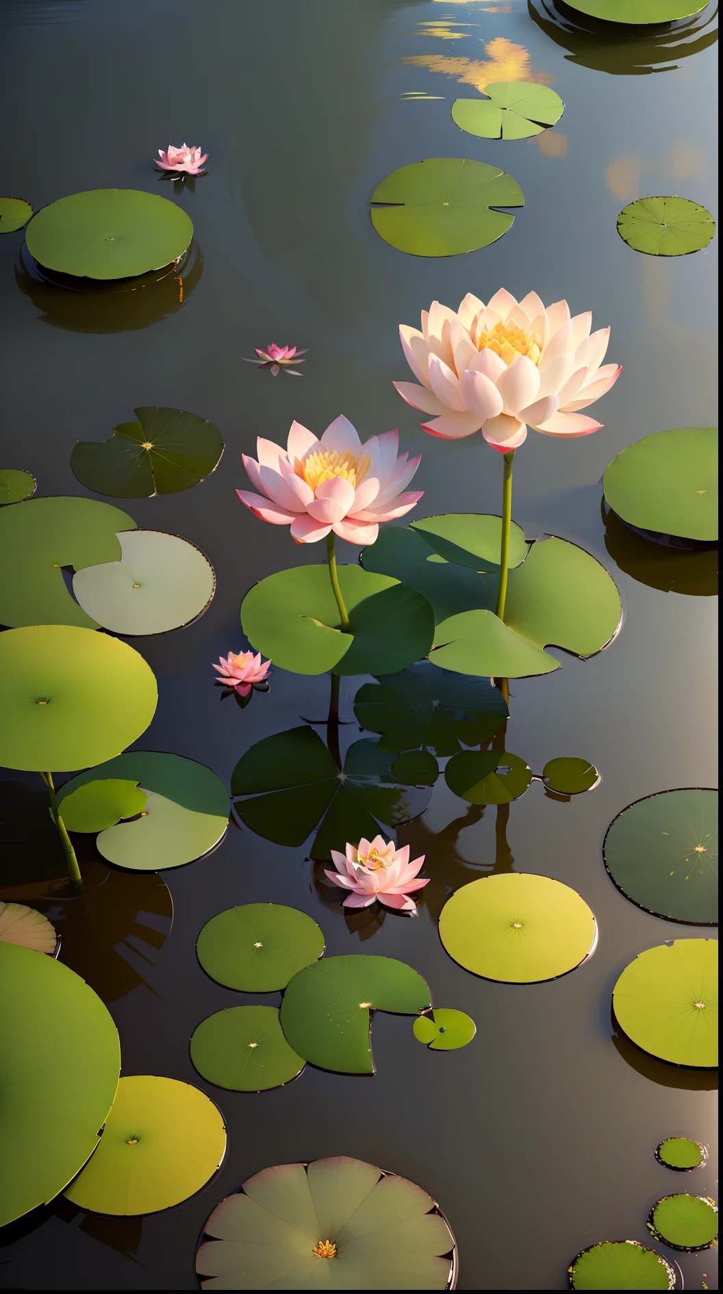 A masterpiece, of the best quality, (very detailed CG Unity 8k wallpaper), (best quality), (best illustration), (best shading), isometric 3D, octane, a huge pond, few lotus leaves and a lotus flower,