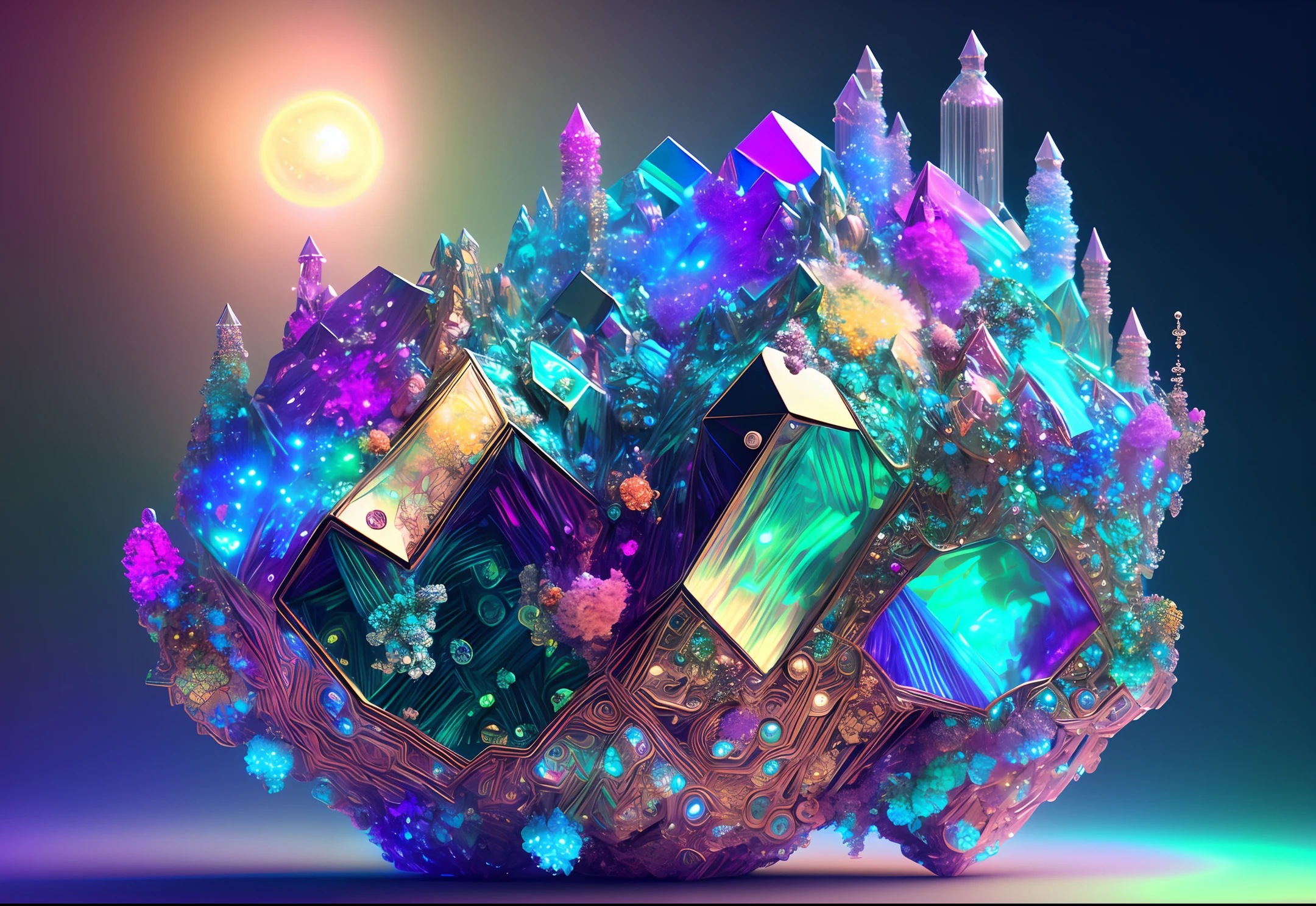 Dreams of happiness, bismuth, very beautiful, inspiring, iridescent, suggestive digital art, richly decorated, bioluminescent, elegant, picturesque, ultra-detailed, delicate; complex, surreal concept art, aesthetic, smooth, clear, professional, masterpiece, individual, best quality, color correction, corrected in the post