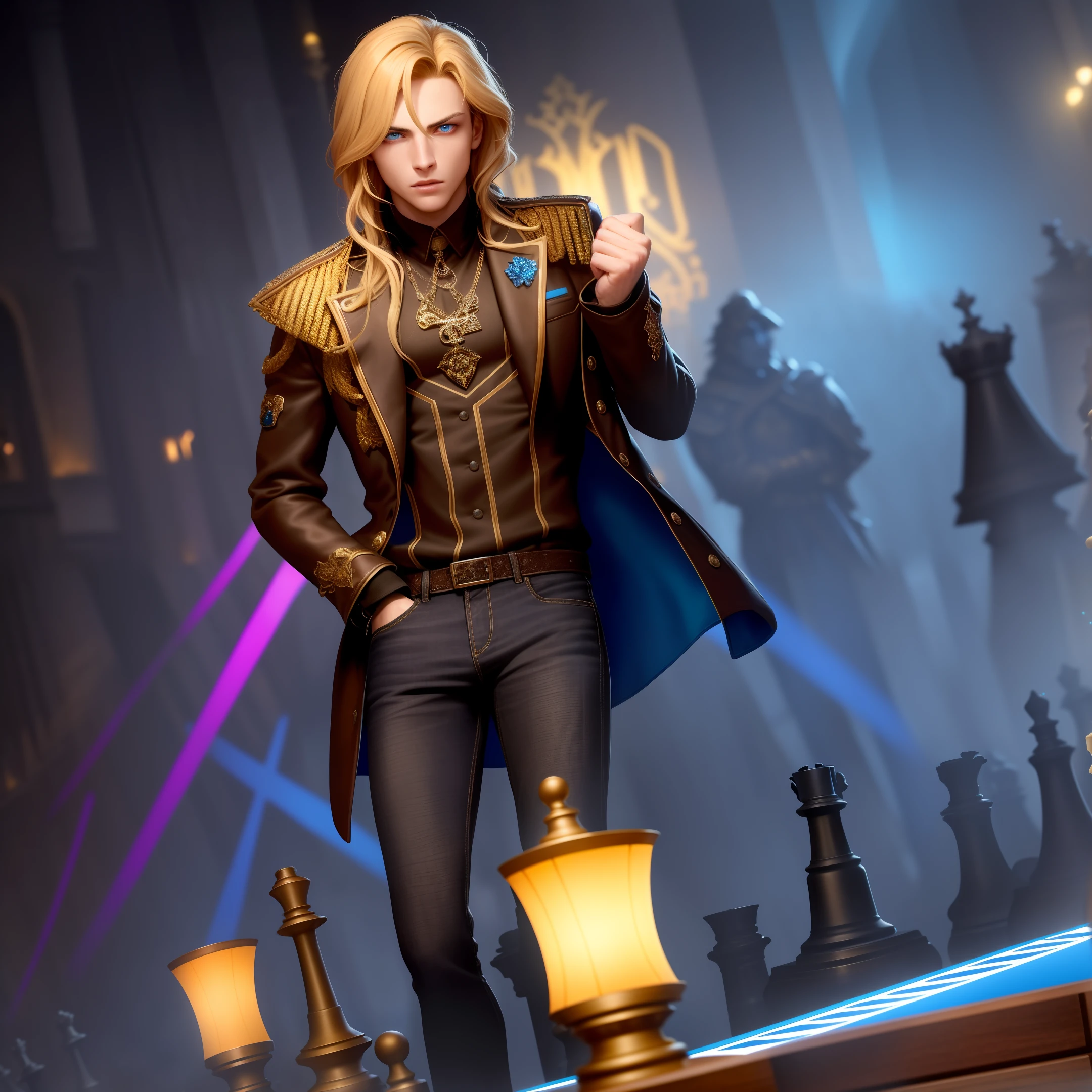 (dramatic illumination, dynamic angle, intense color contrast), [(teen boy with shoulder-length blonde hair with ends dyed blue, stubble, brown eyes: 1.2), (on life-size chessboard chess: 1.2), (wearing black jacket with glowing colored strips and blue jeans: 1.1), (outdoors in park: 1.1)]